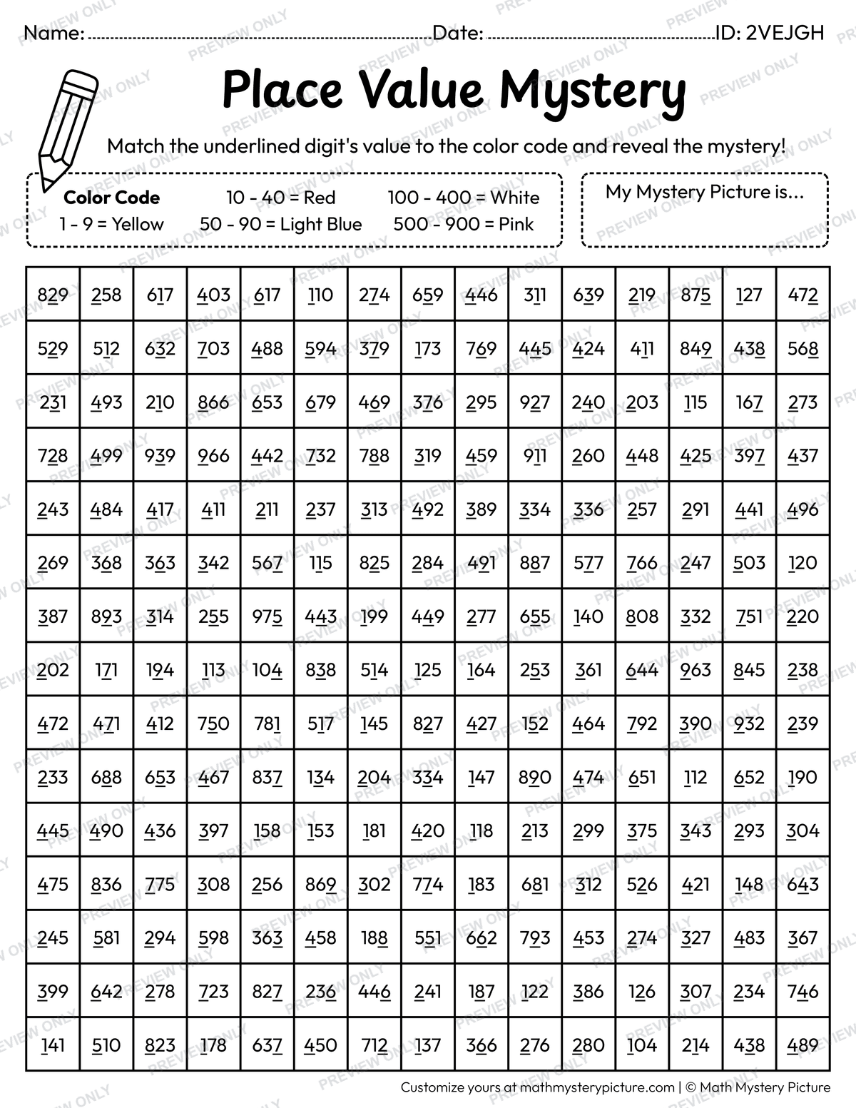 Birthday Message Value of Underlined Digit Math Mystery Picture Coloring Worksheet