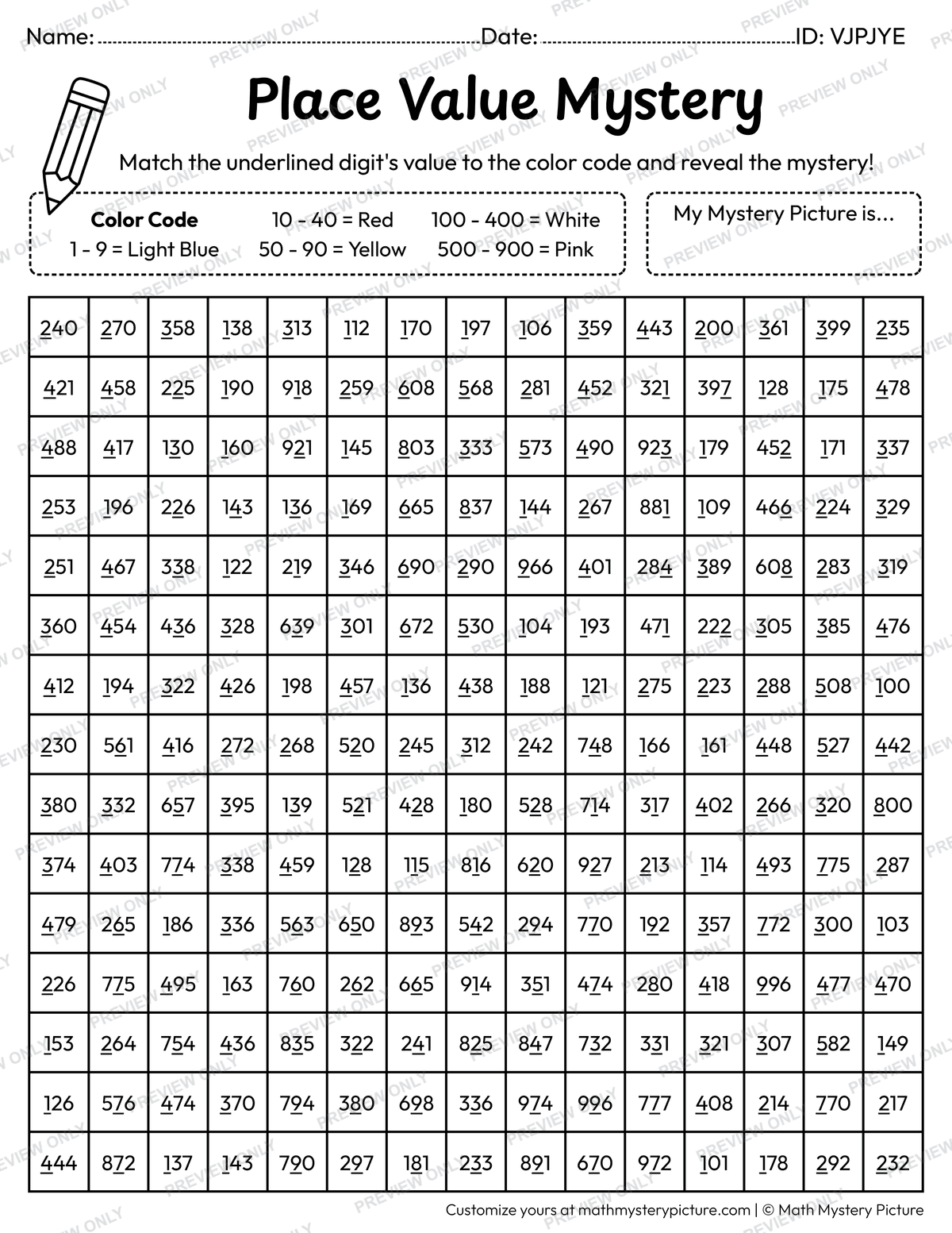 Birthday Present Value of Underlined Digit Math Mystery Picture Coloring Worksheet
