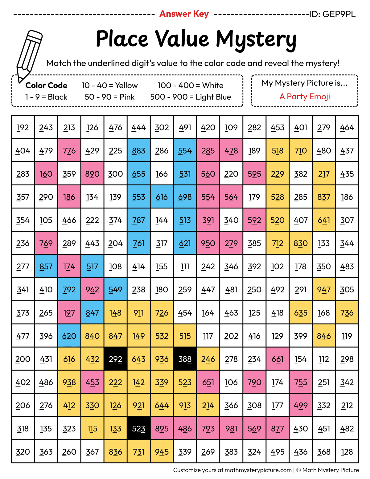 Birthday Party Emoji Value of Underlined Digit Math Mystery Picture Color by Number Answer Key