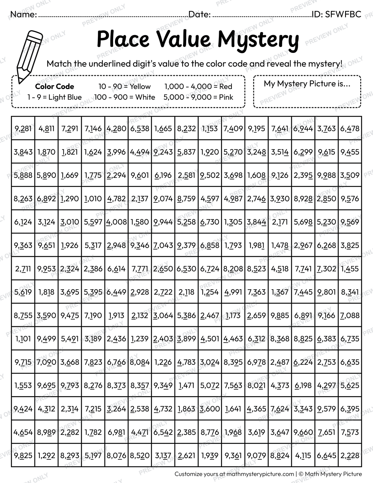 Birthday Present Value of Underlined Digit Math Mystery Picture Coloring Worksheet