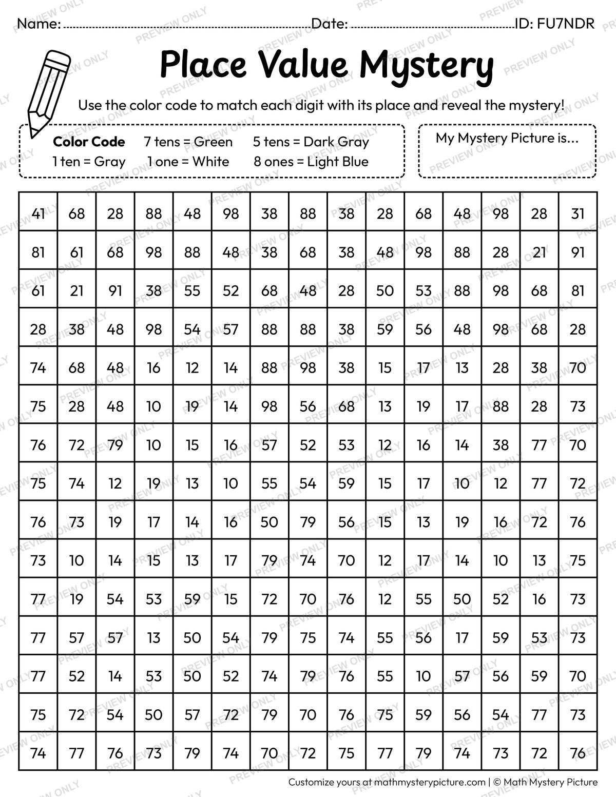 Binoculars 2-digit Place Value Math Mystery Picture Coloring Worksheet