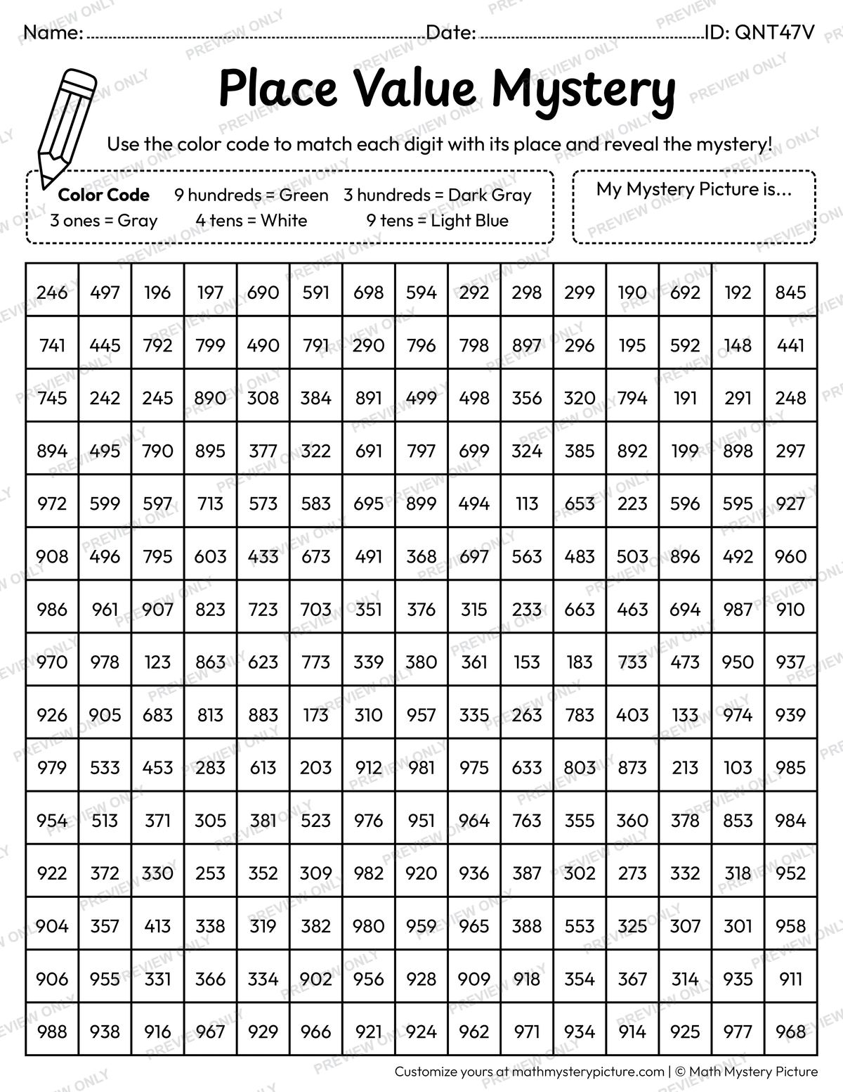 Binoculars 3-digit Place Value Math Mystery Picture Coloring Worksheet