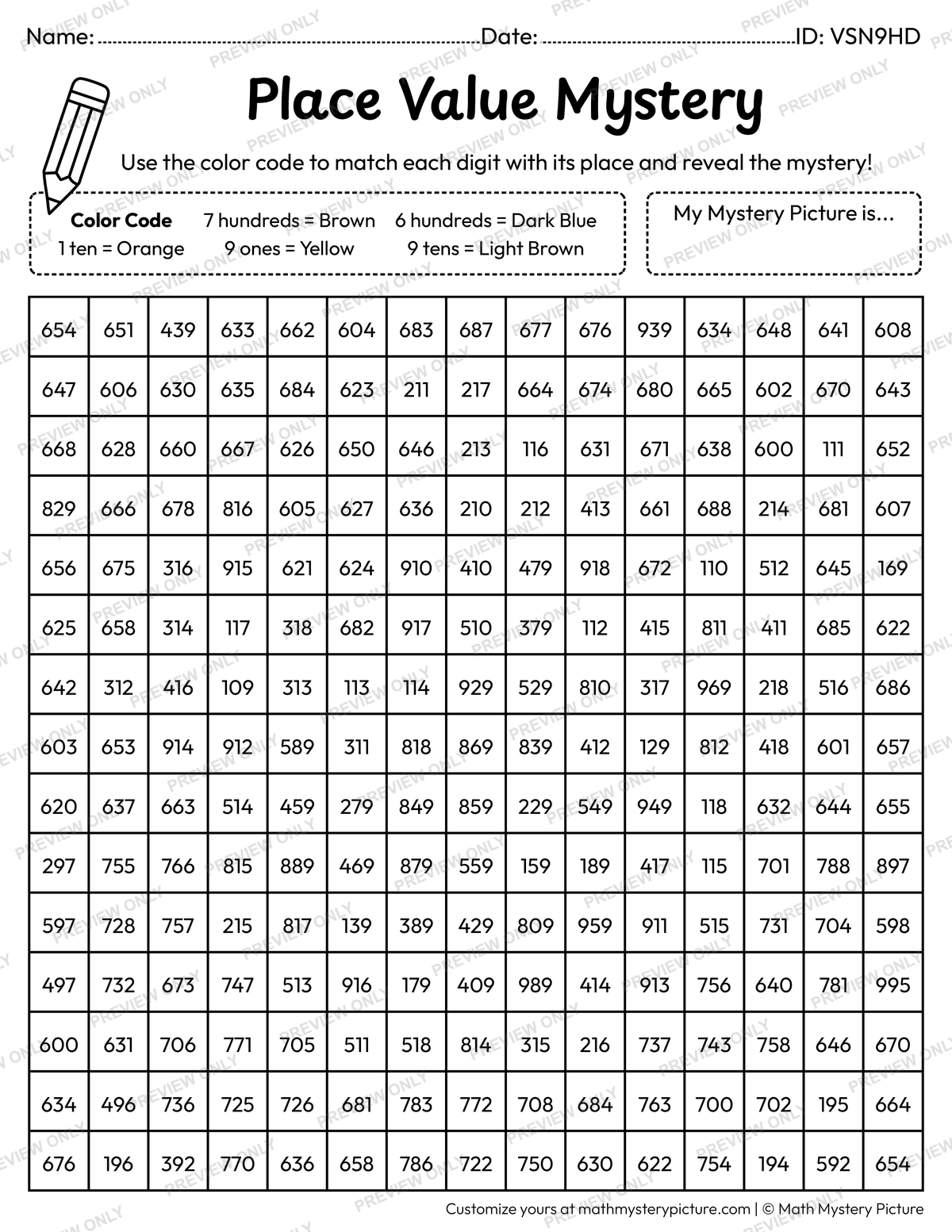 Campfire 3-digit Place Value Math Mystery Picture Coloring Worksheet