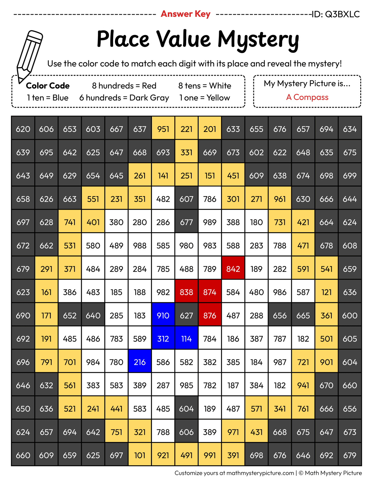 Compass 3-digit Place Value Math Mystery Picture Color by Number Answer Key