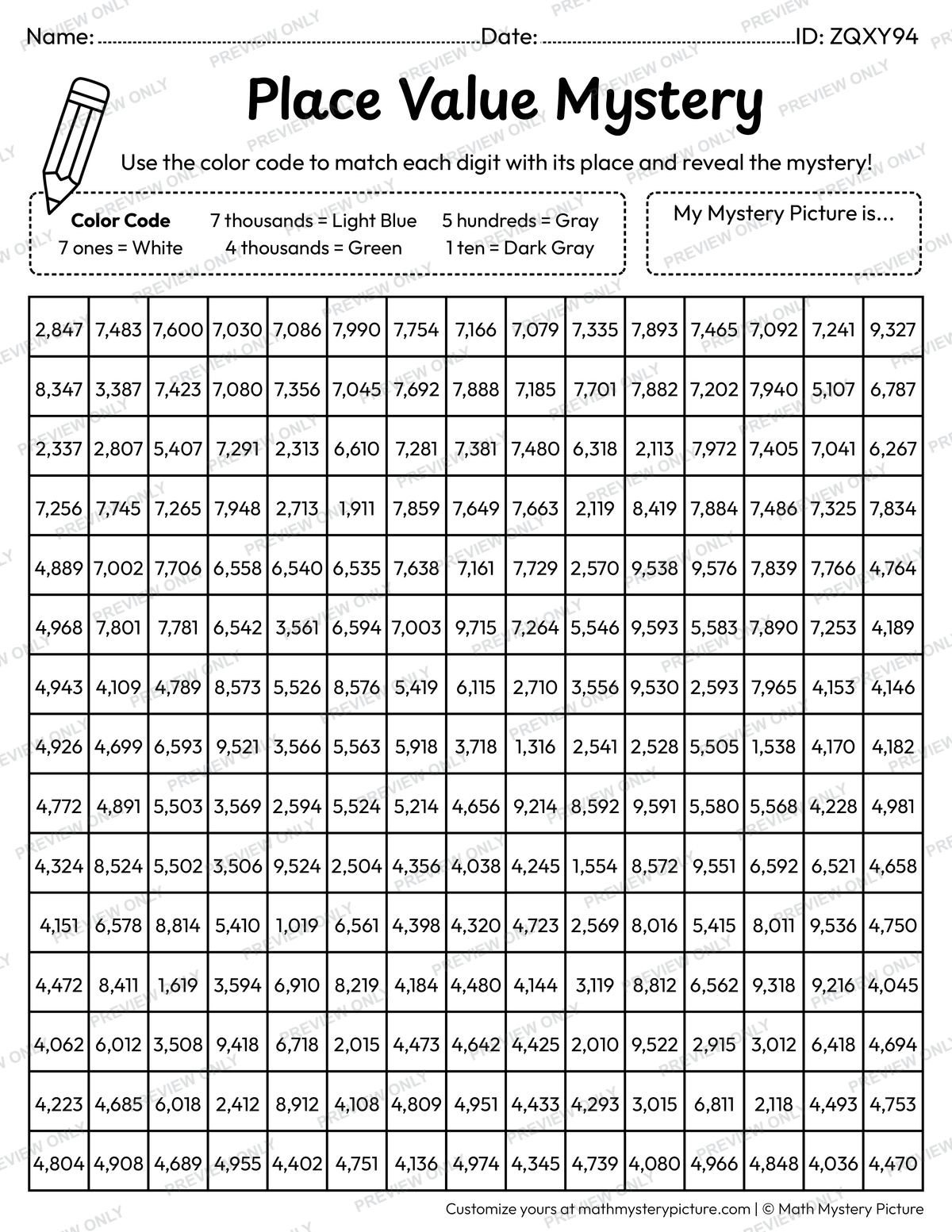 Binoculars 4-digit Place Value Math Mystery Picture Coloring Worksheet