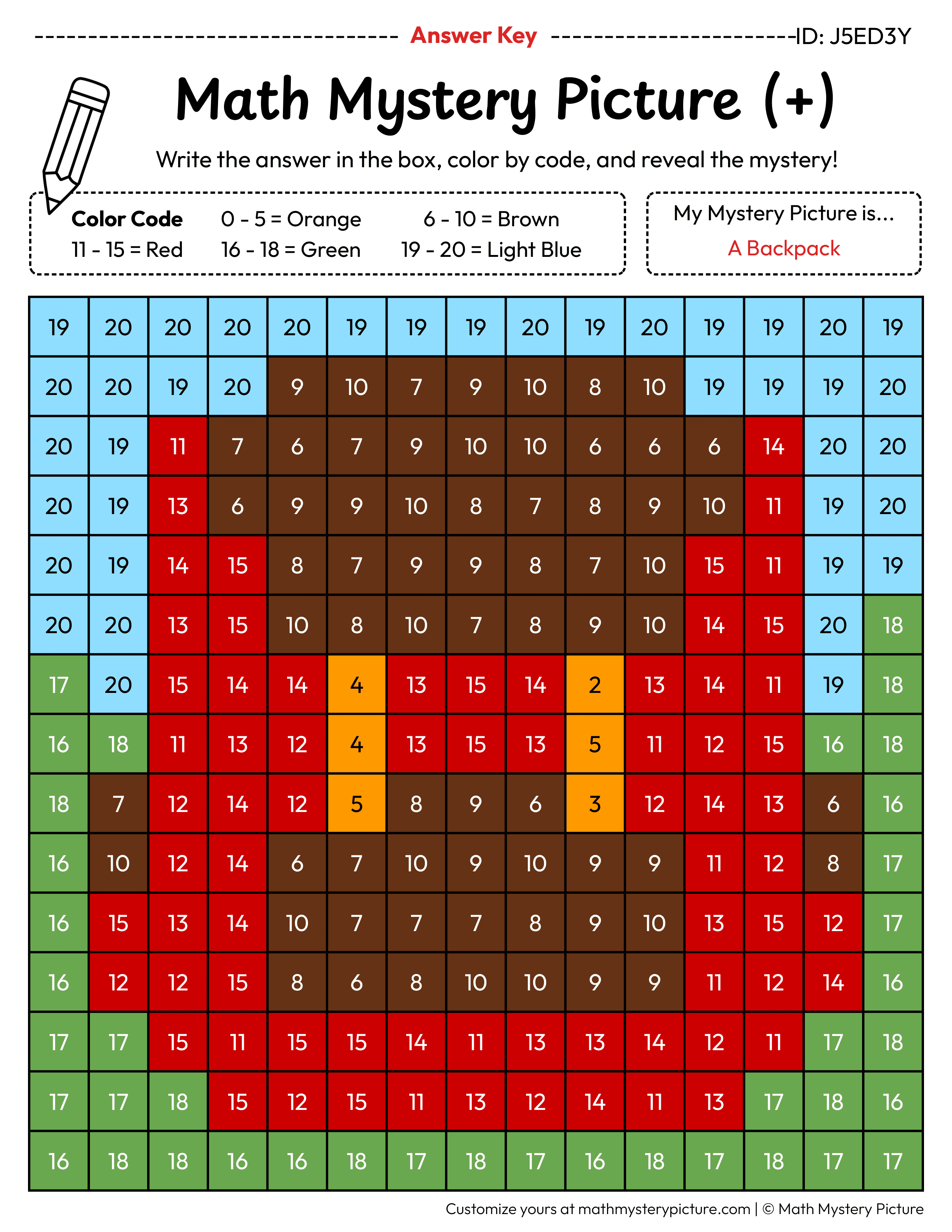 Backpack Addition Within 20 Math Mystery Picture Color by Number Answer Key