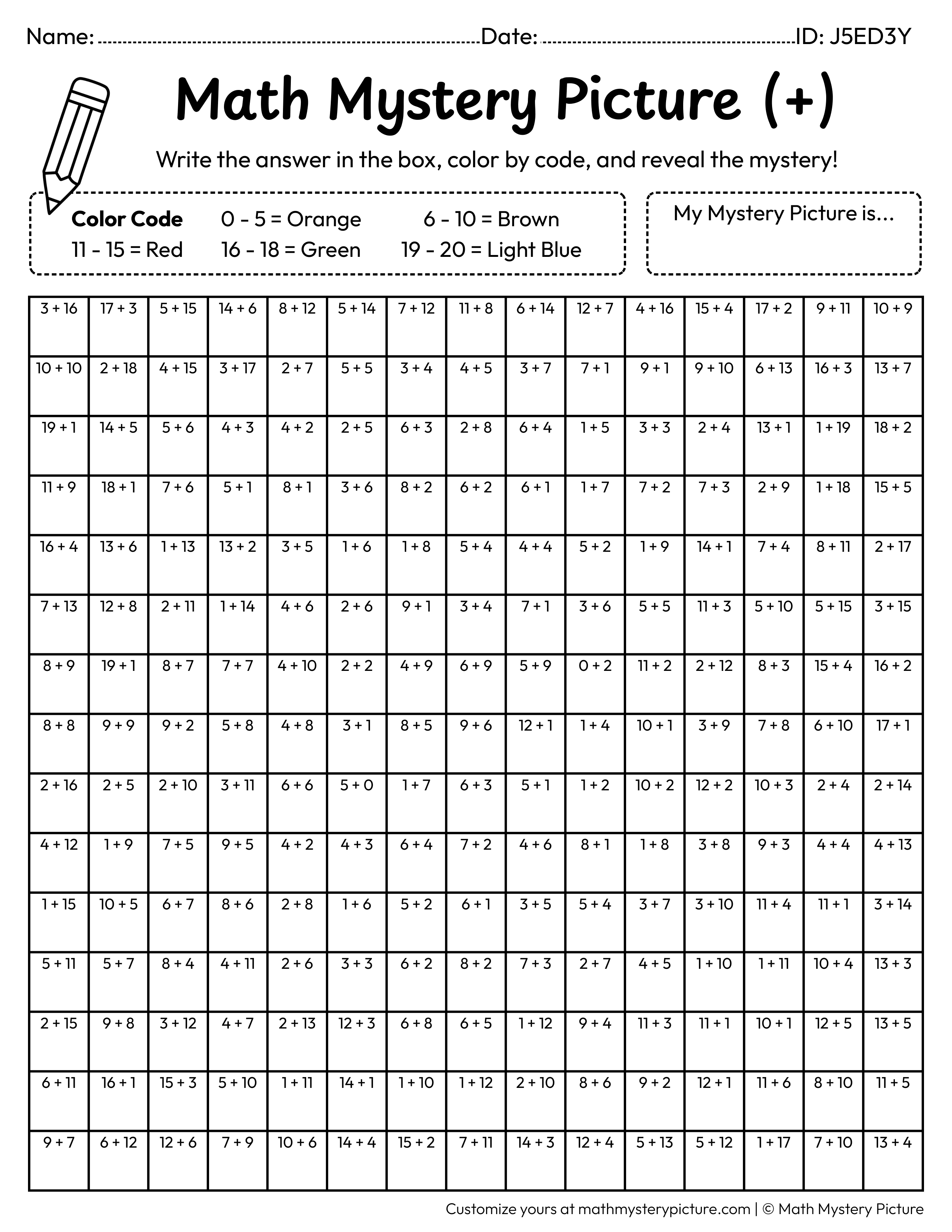 Backpack Addition Within 20 Math Mystery Picture Coloring Worksheet