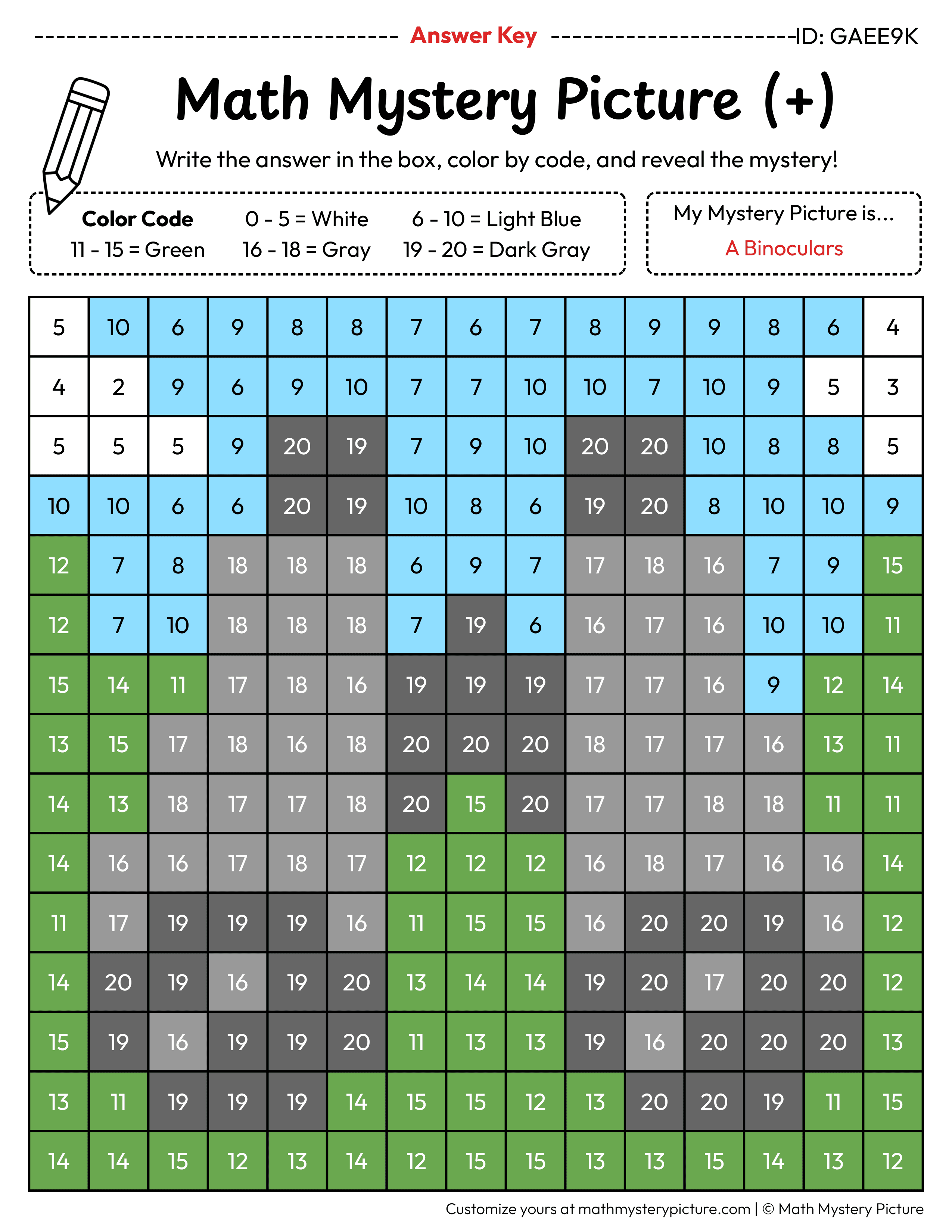 Binoculars Addition Within 20 Math Mystery Picture Color by Number Answer Key
