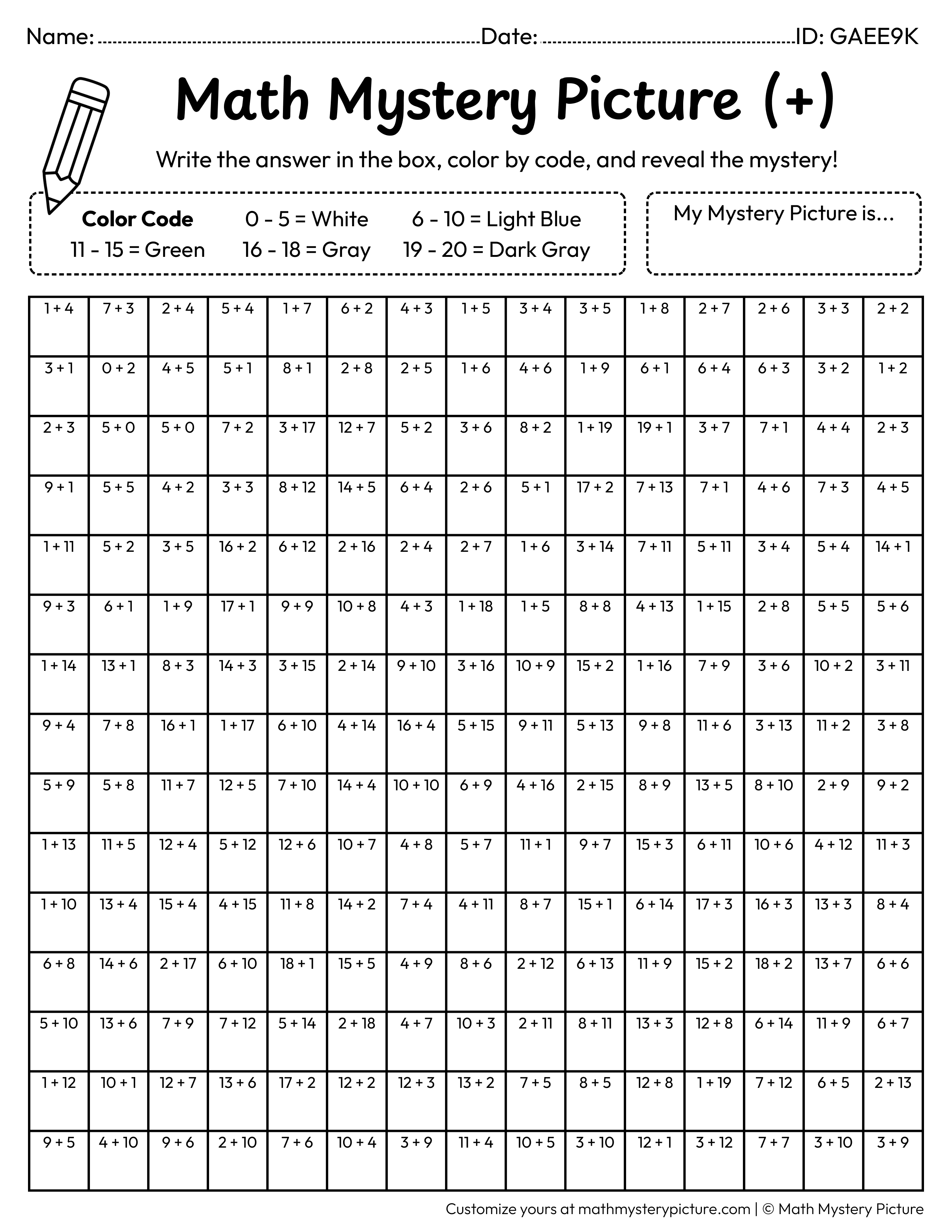 Binoculars Addition Within 20 Math Mystery Picture Coloring Worksheet