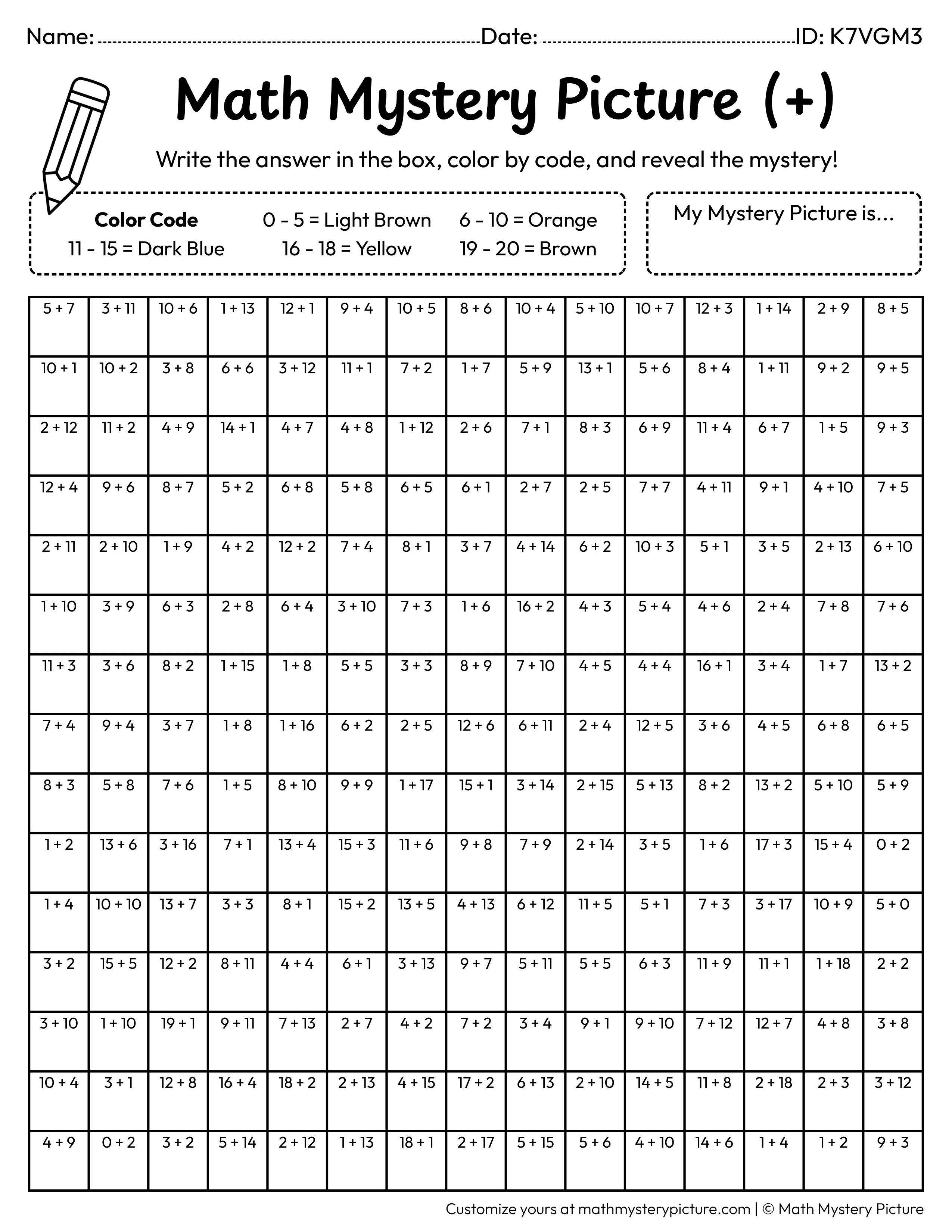 Campfire Addition Within 20 Math Mystery Picture Coloring Worksheet