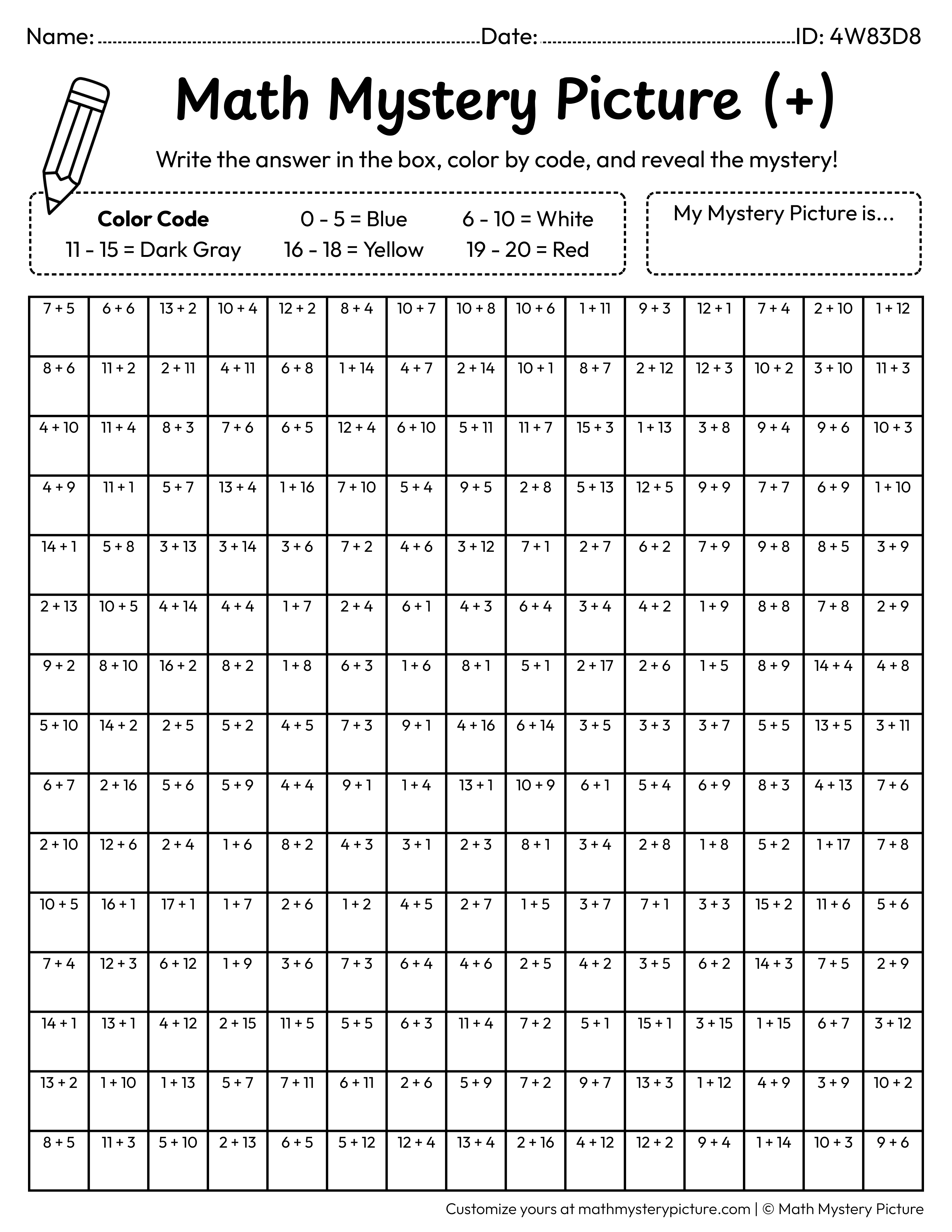 Compass Addition Within 20 Math Mystery Picture Coloring Worksheet