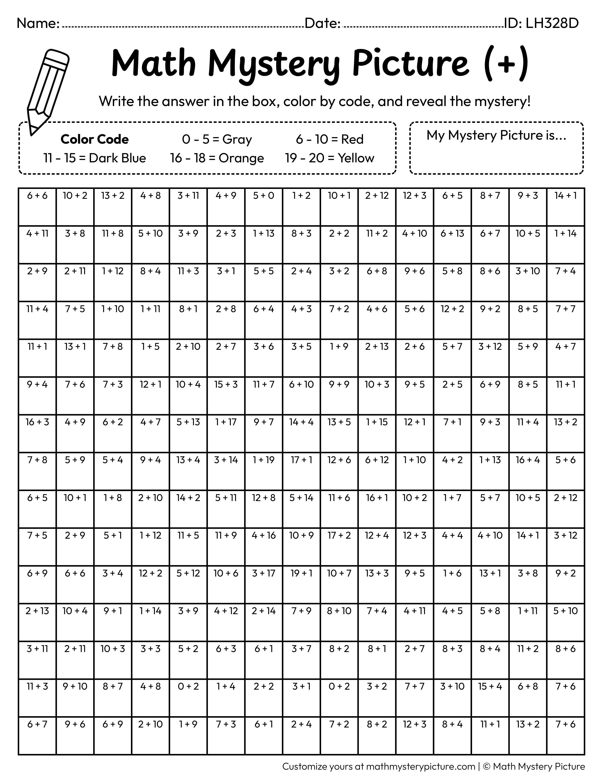 Lantern Addition Within 20 Math Mystery Picture Coloring Worksheet