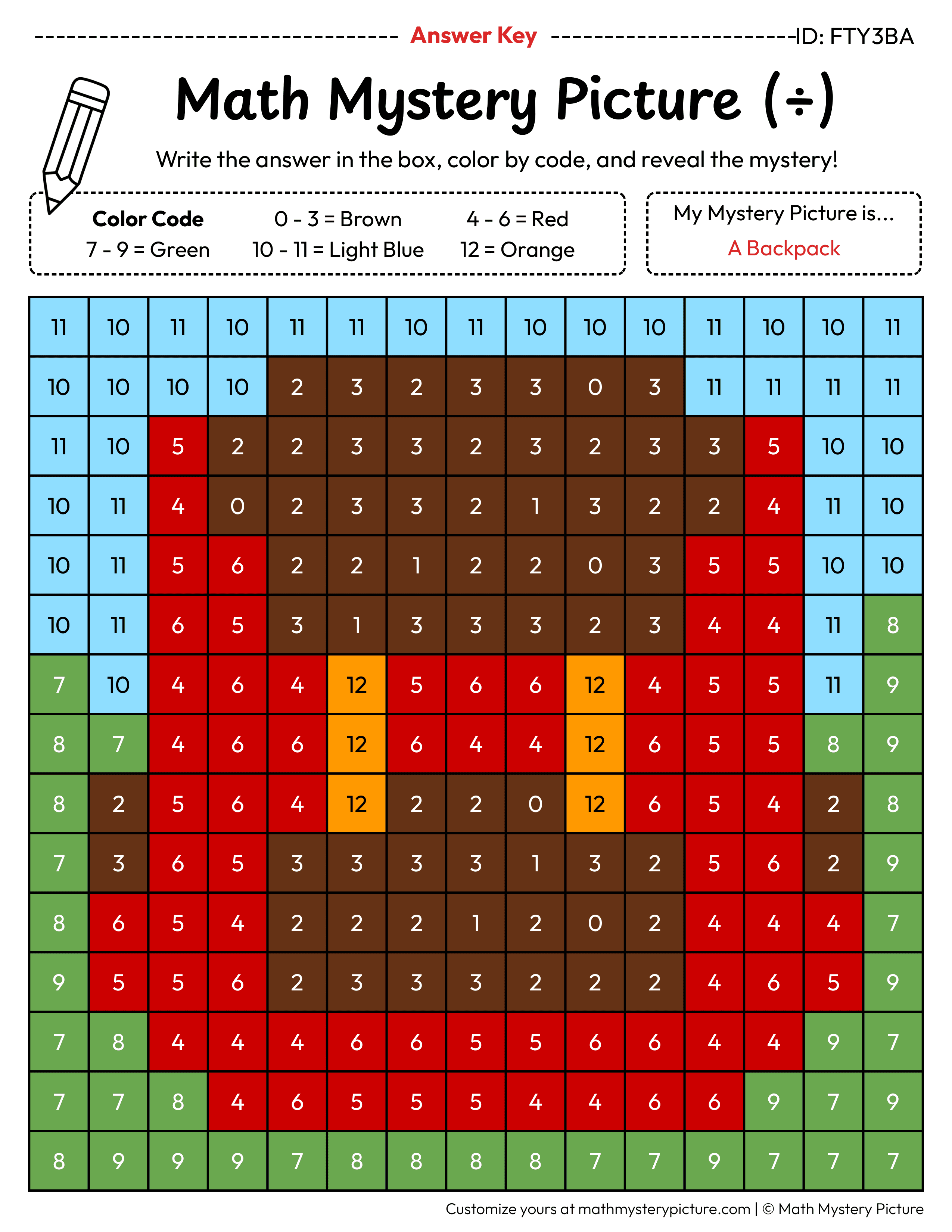 Backpack Division Facts Math Mystery Picture Color by Number Answer Key