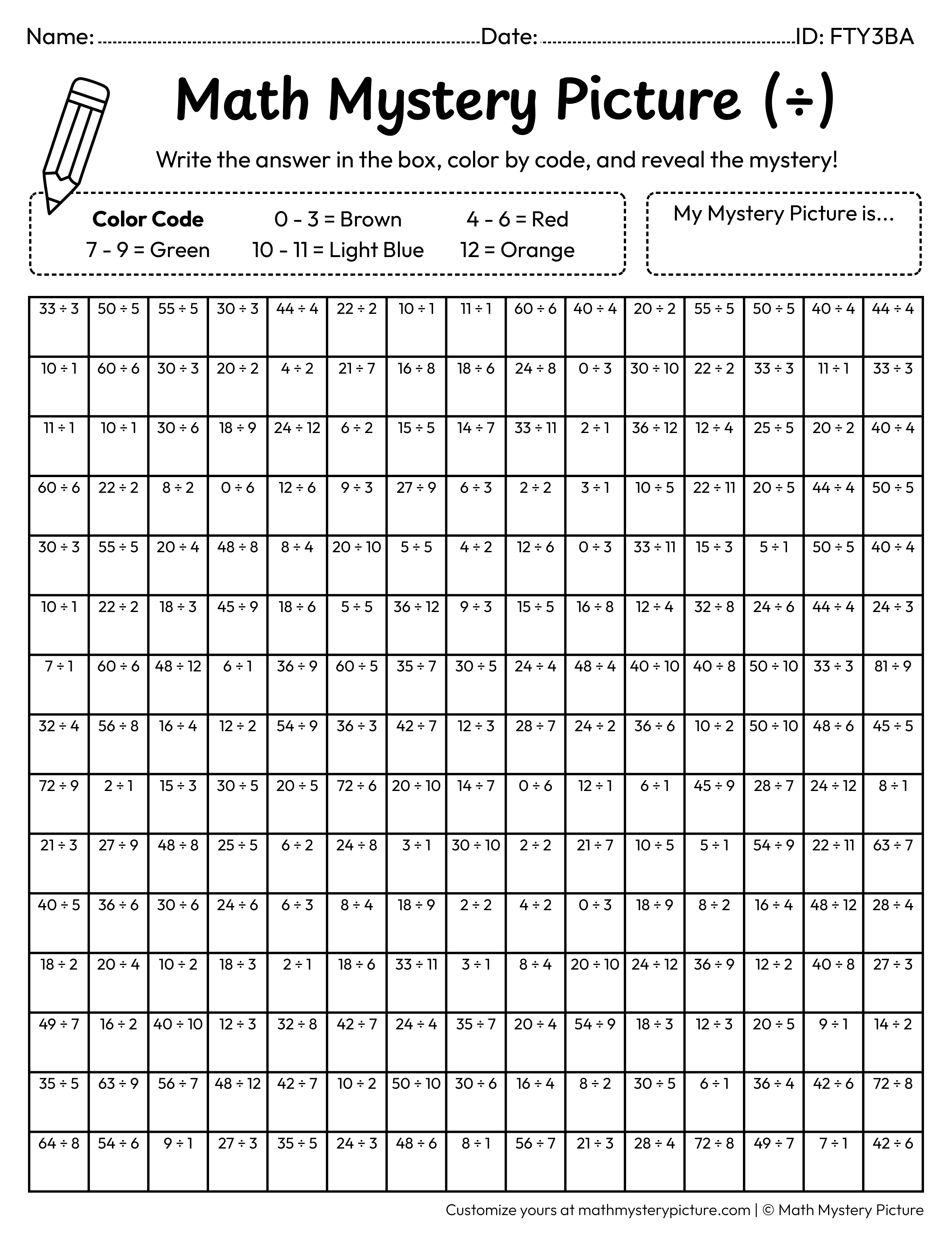 Backpack Division Facts Math Mystery Picture Coloring Worksheet