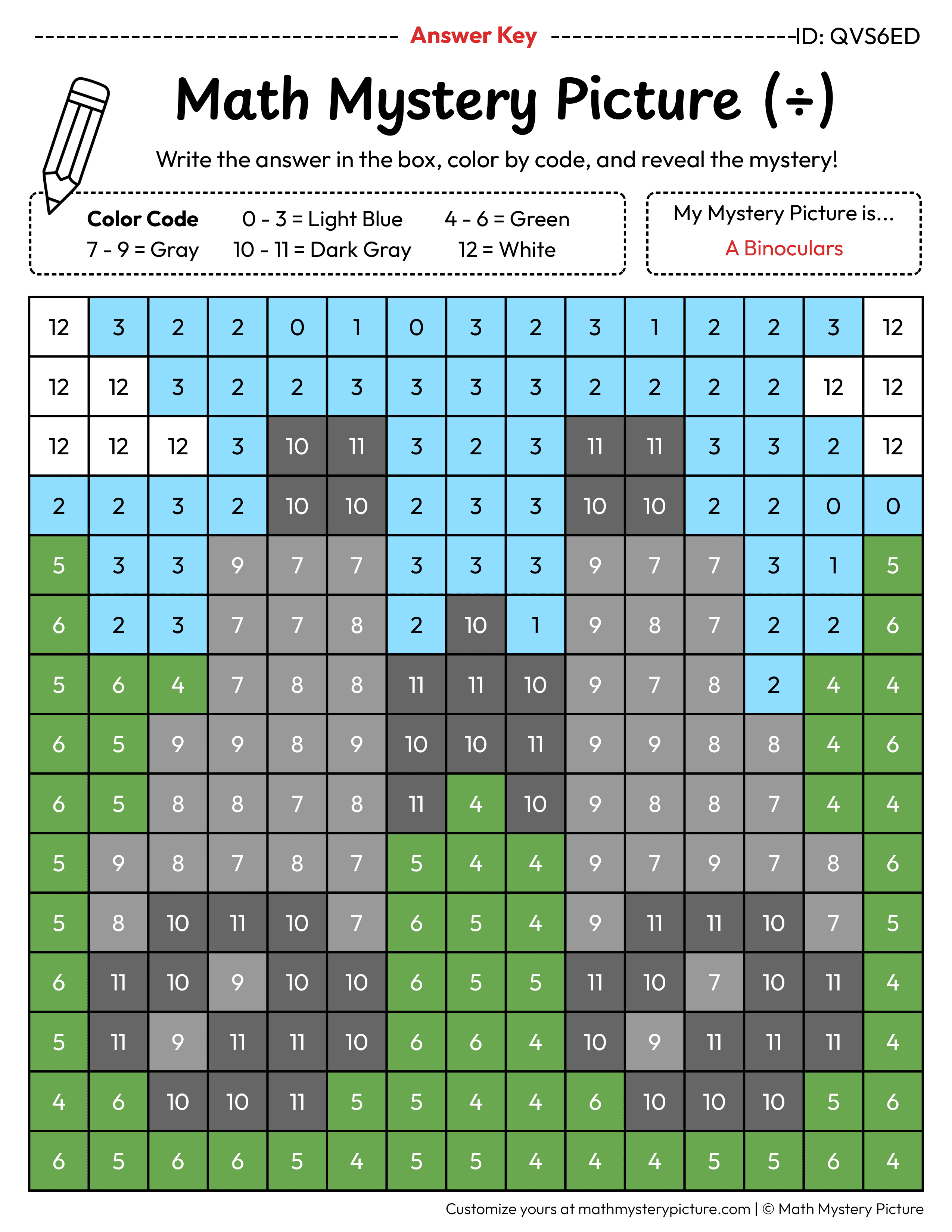 Binoculars Division Facts Math Mystery Picture Color by Number Answer Key