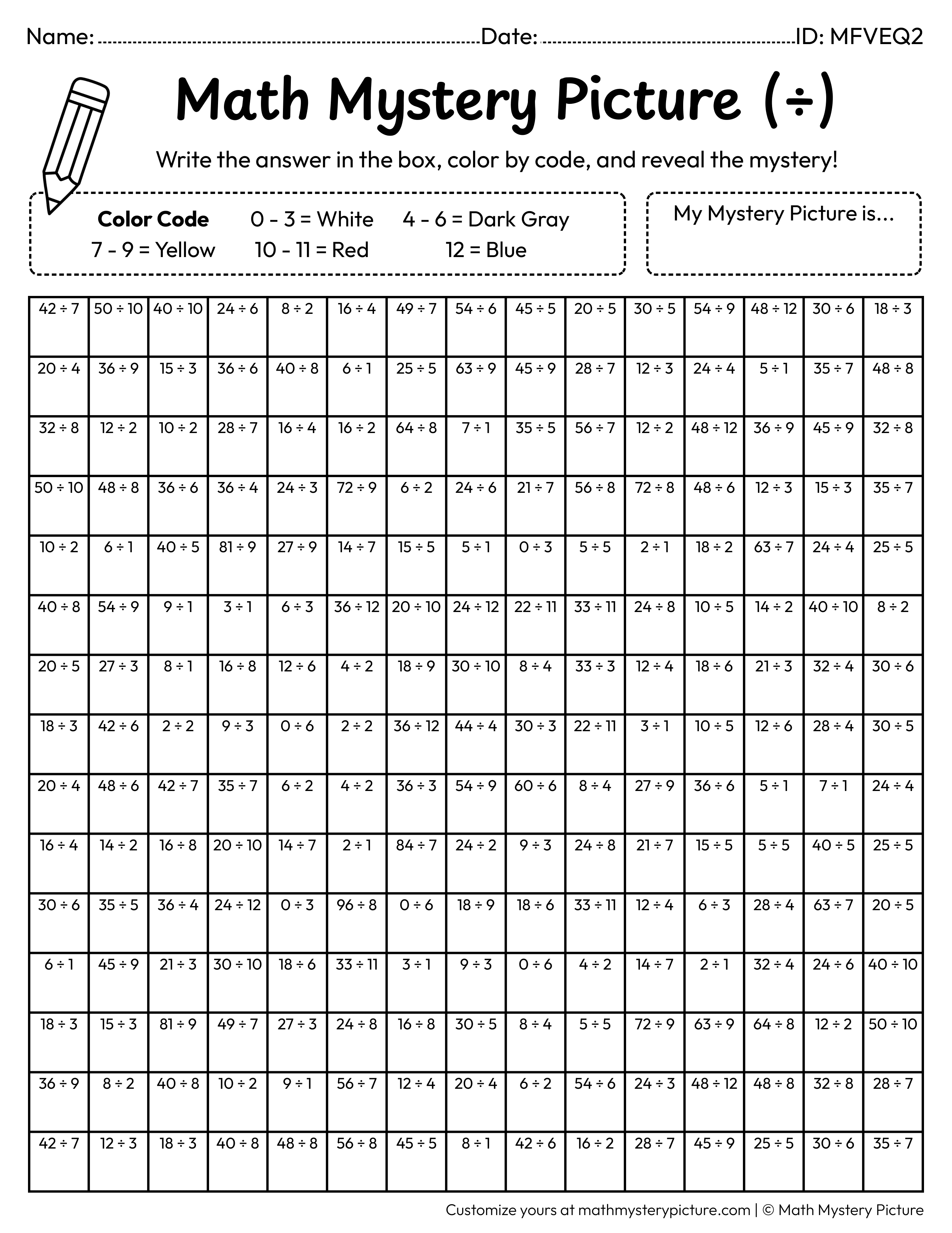 Compass Division Facts Math Mystery Picture Coloring Worksheet