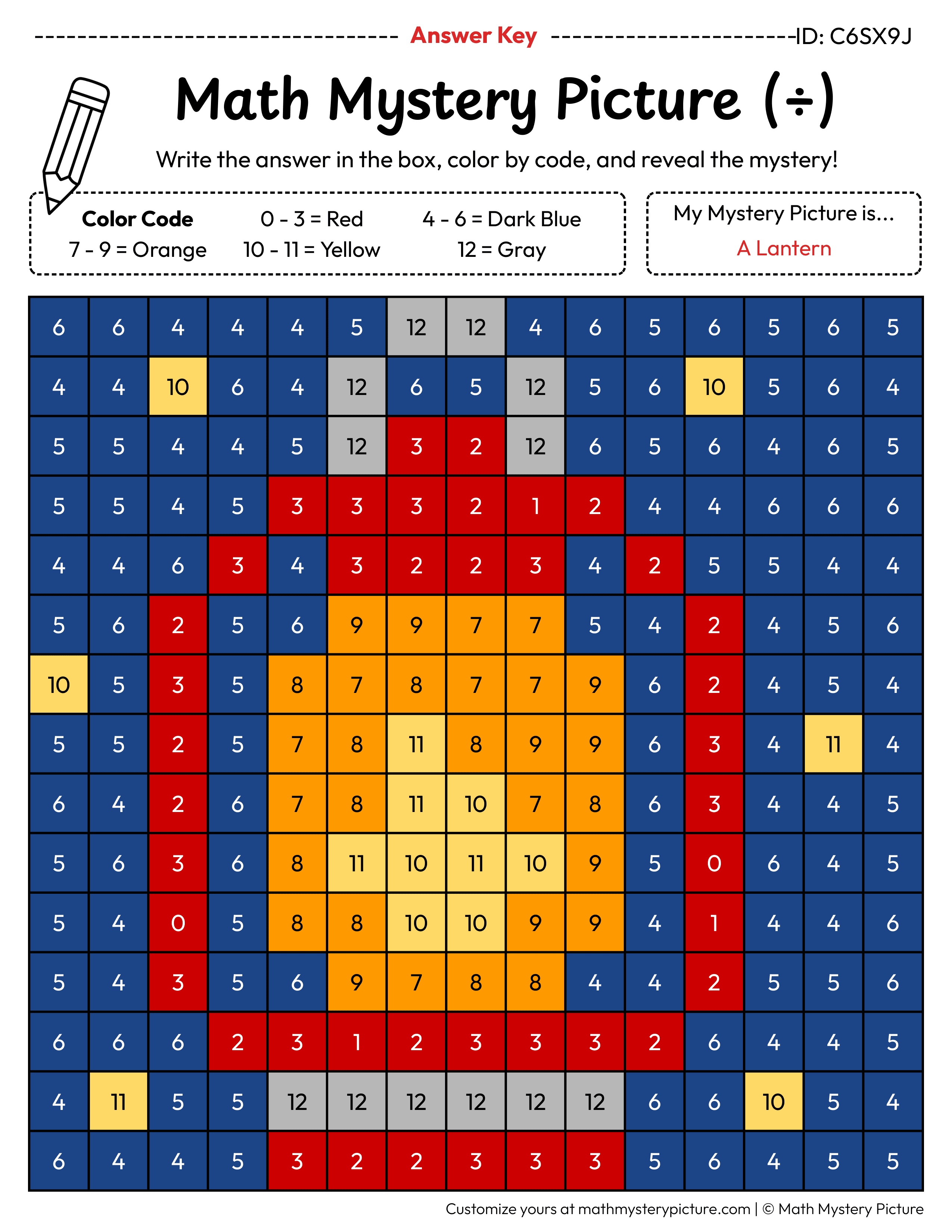 Lantern Division Facts Math Mystery Picture Color by Number Answer Key