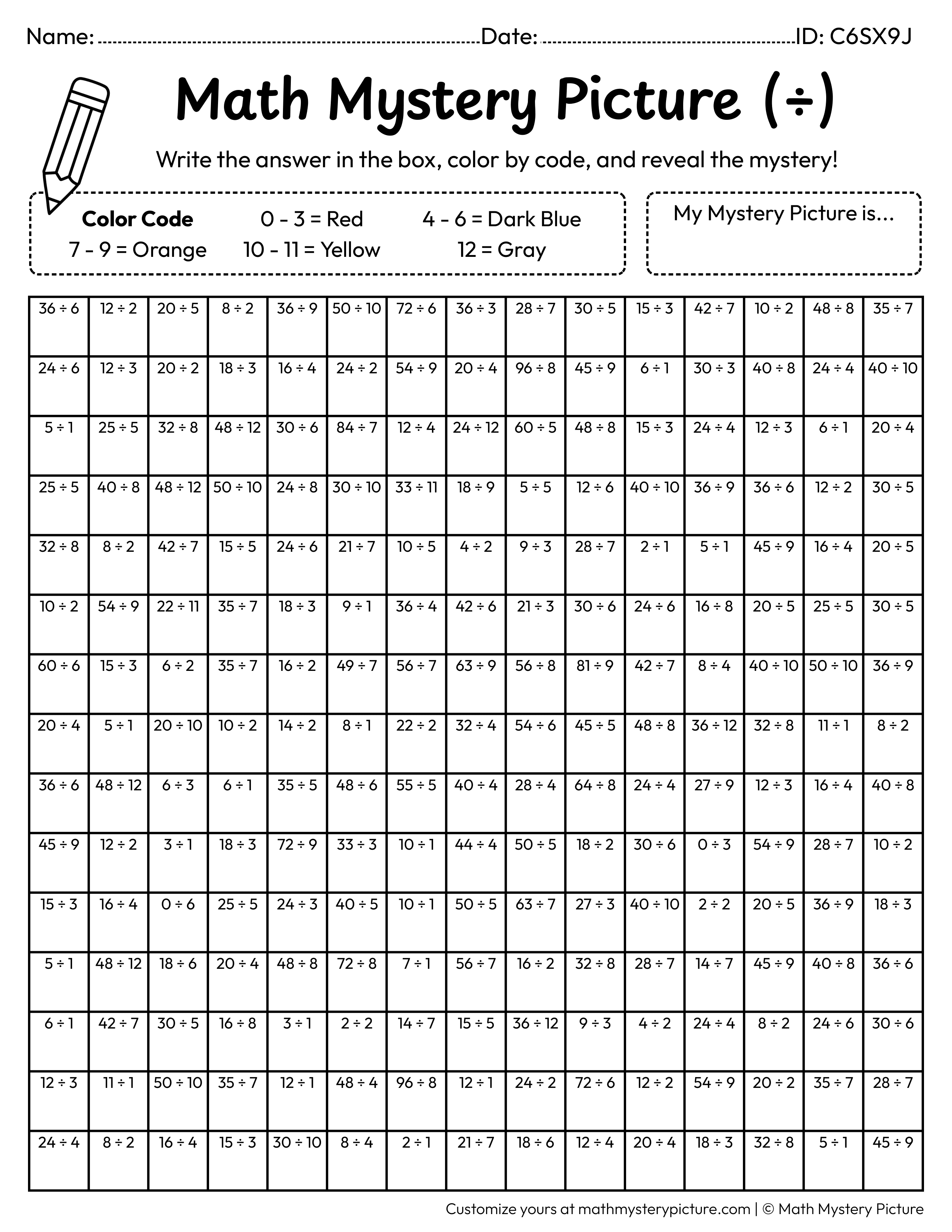 Lantern Division Facts Math Mystery Picture Coloring Worksheet
