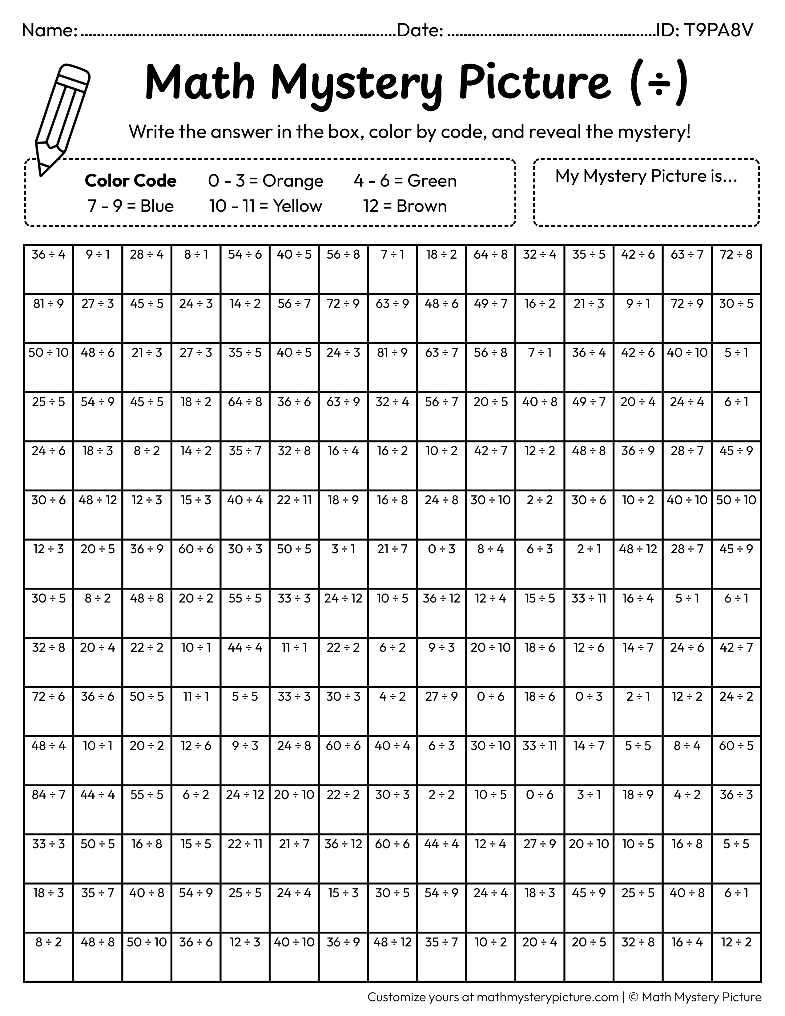 Tent Division Facts Math Mystery Picture Coloring Worksheet