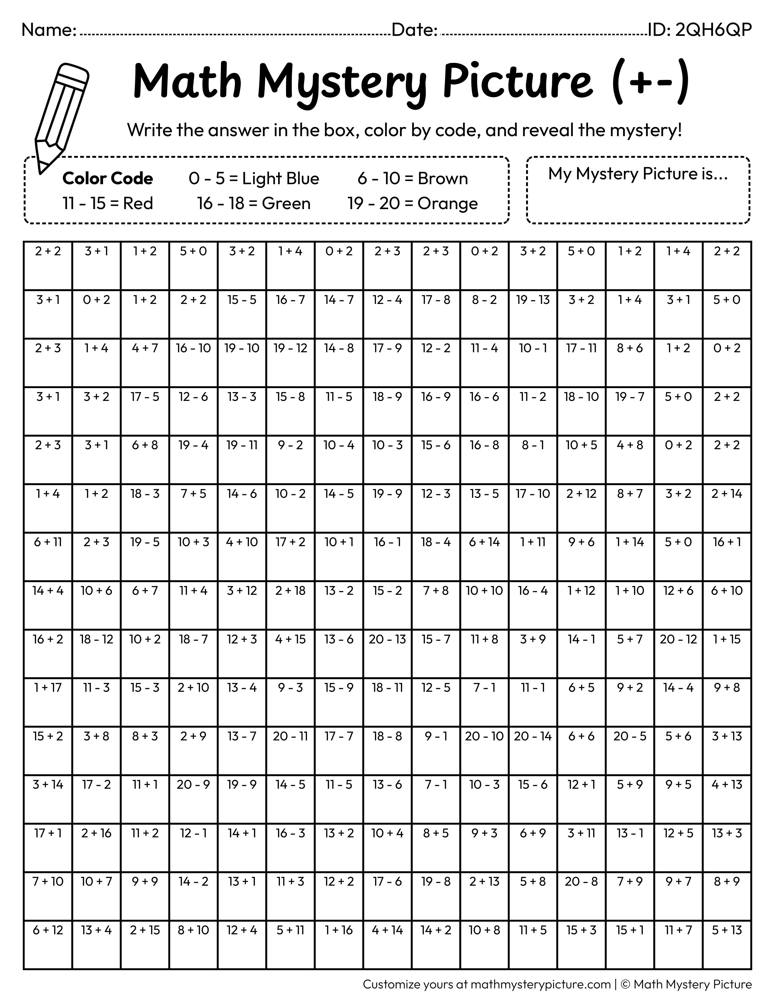 Backpack Mixed Addition and Subtraction Within 20 Math Mystery Picture Coloring Worksheet