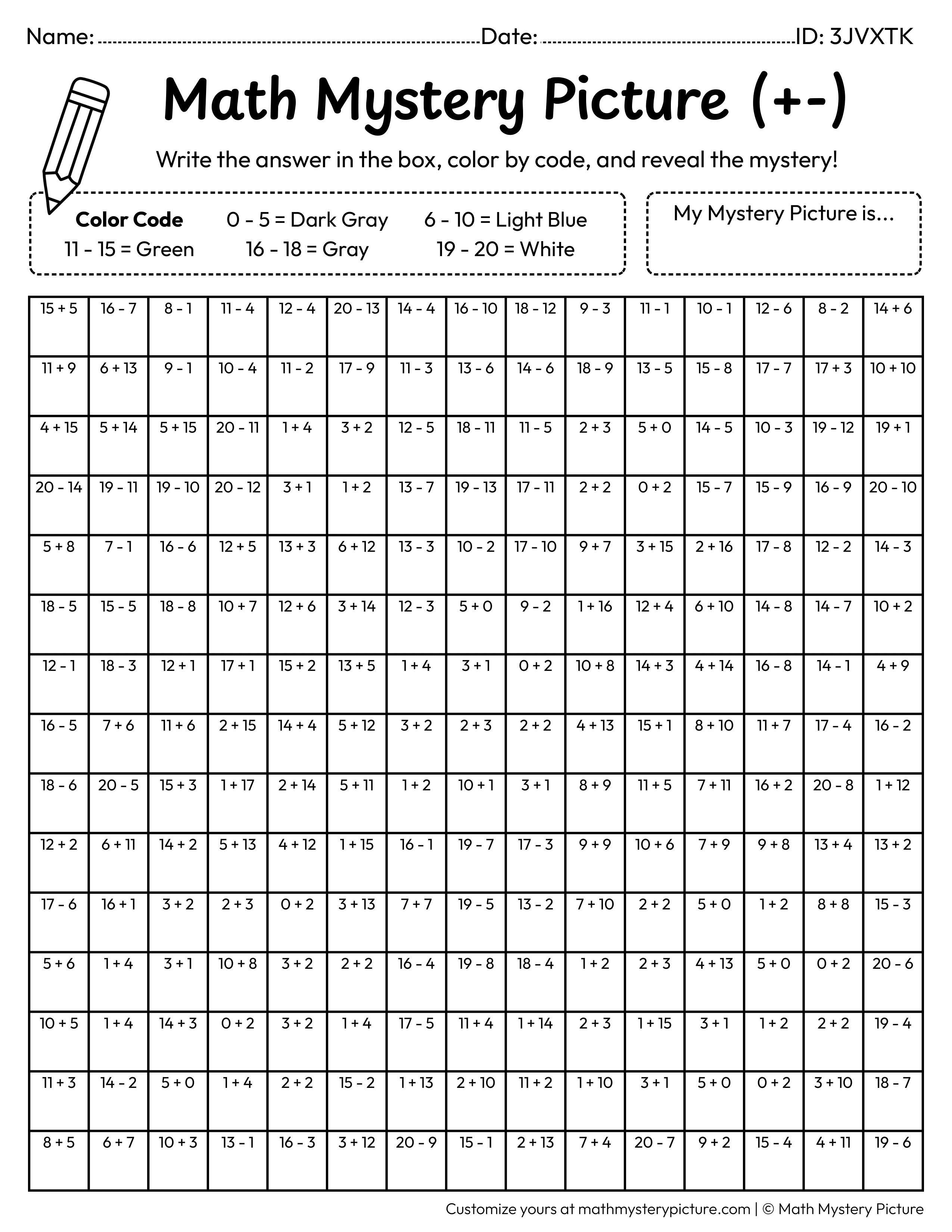 Binoculars Mixed Addition and Subtraction Within 20 Math Mystery Picture Coloring Worksheet
