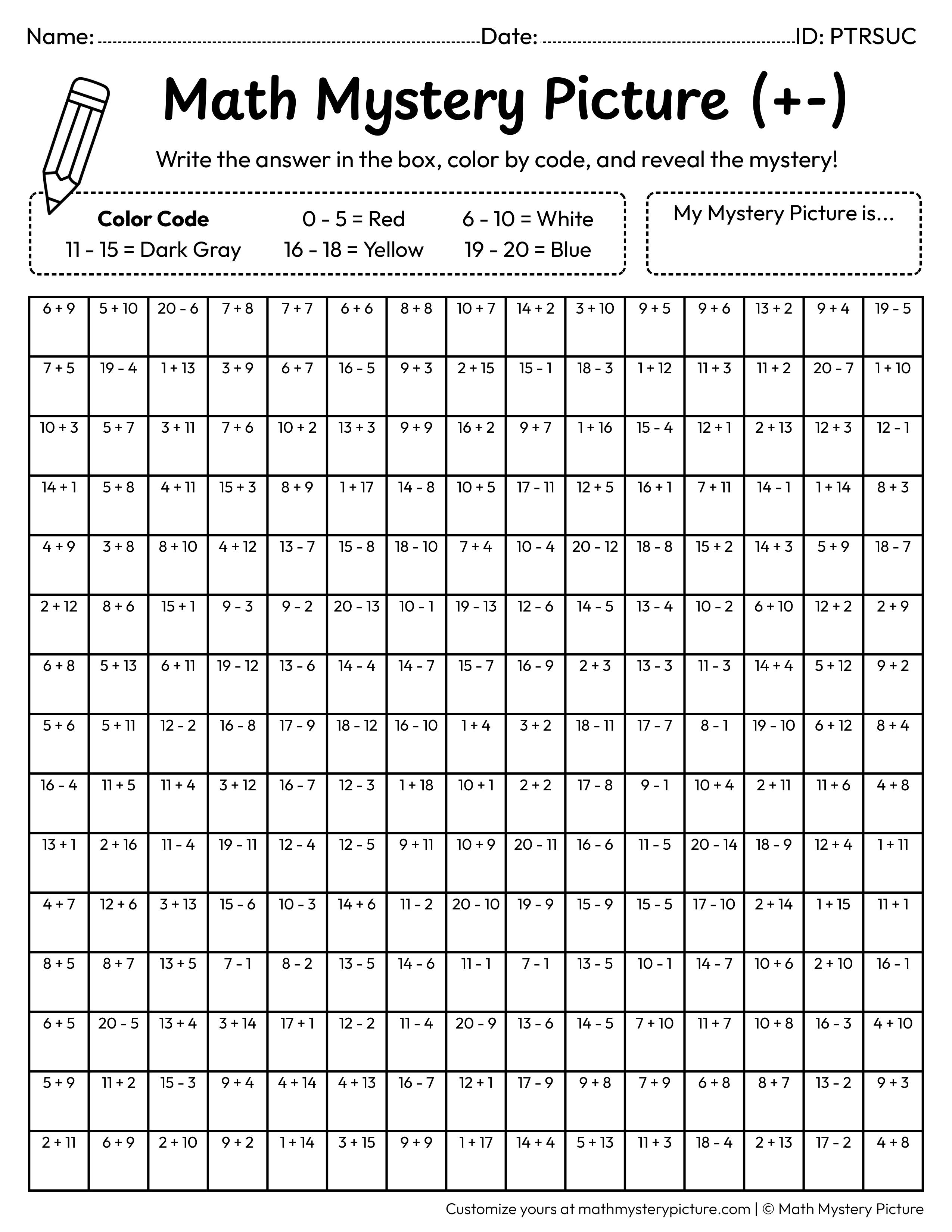 Compass Mixed Addition and Subtraction Within 20 Math Mystery Picture Coloring Worksheet
