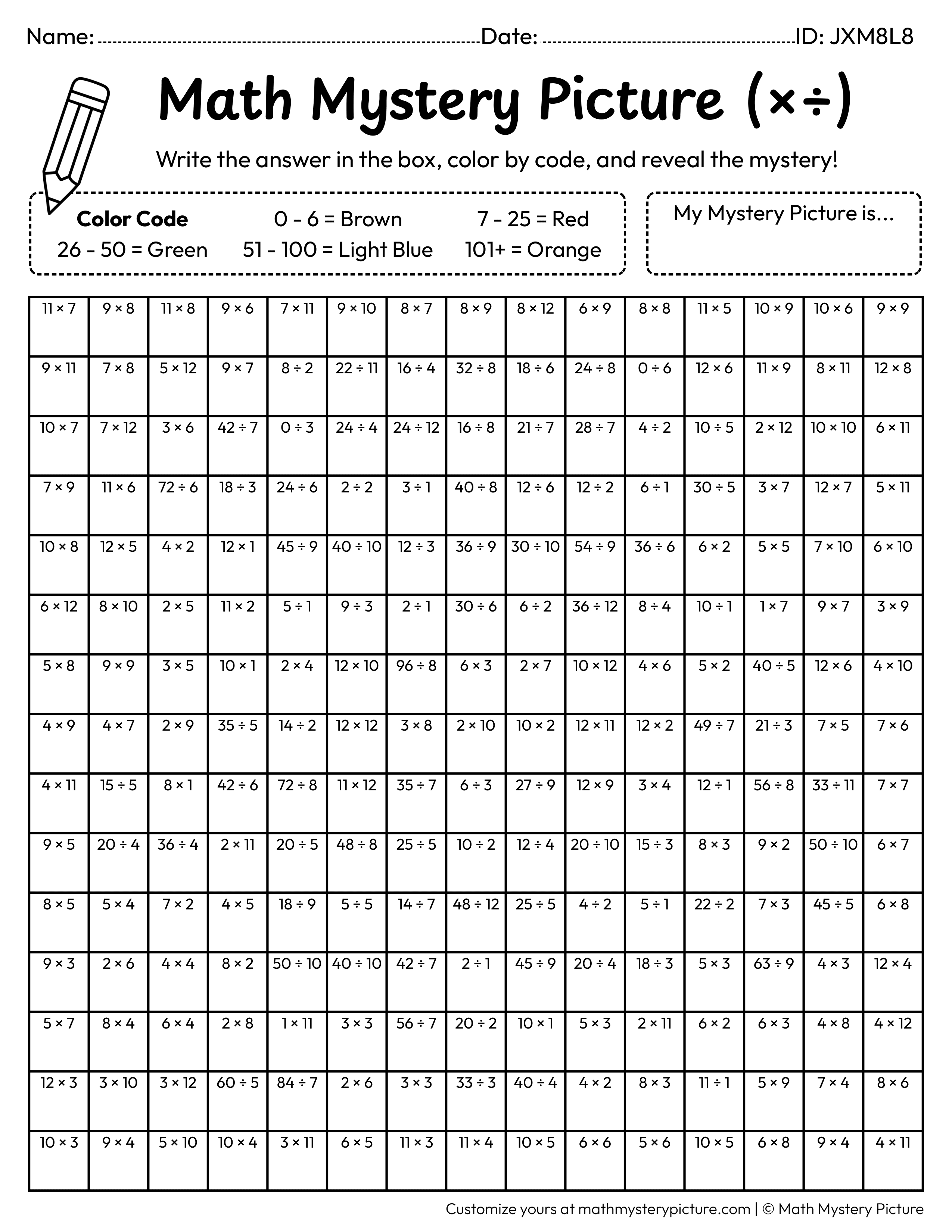 Backpack Mixed Multiplication and Division Facts Math Mystery Picture Coloring Worksheet