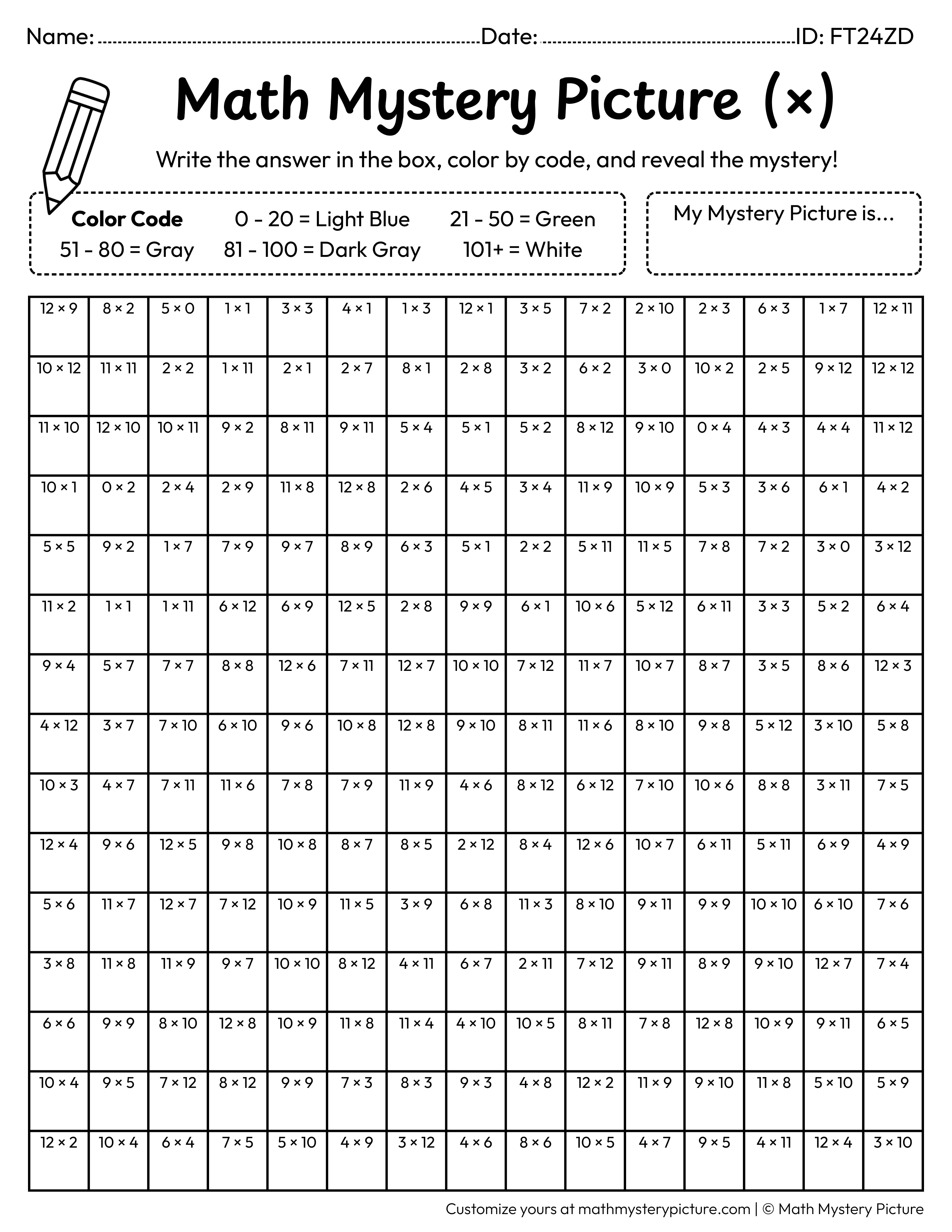 Binoculars Multiplication Facts Math Mystery Picture Coloring Worksheet