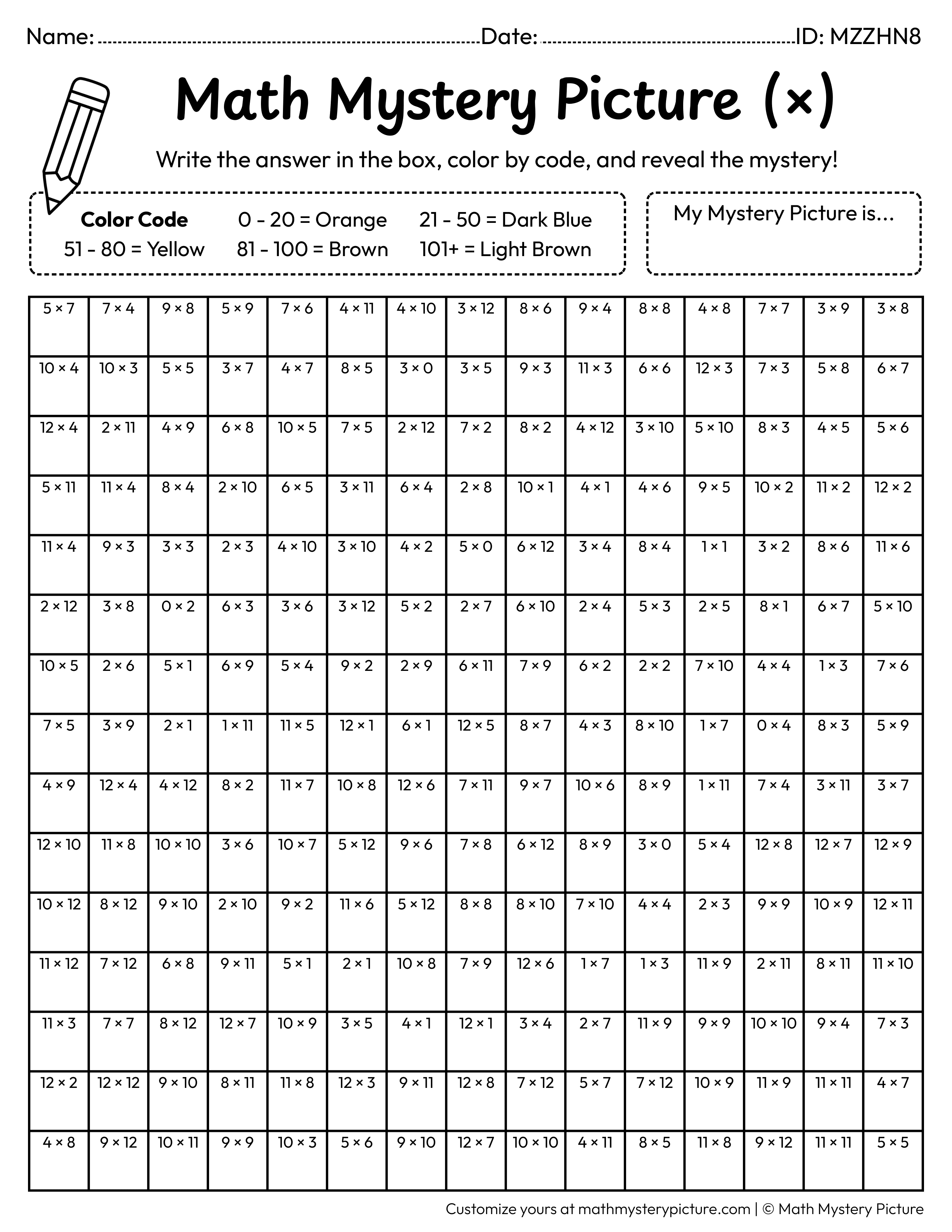 Campfire Multiplication Facts Math Mystery Picture Coloring Worksheet