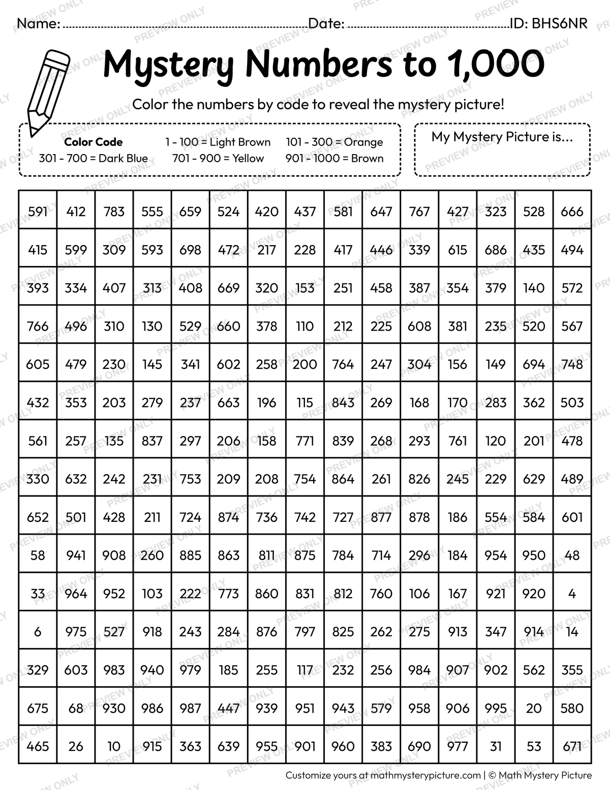 Campfire Numbers to 1,000 Math Mystery Picture Coloring Worksheet