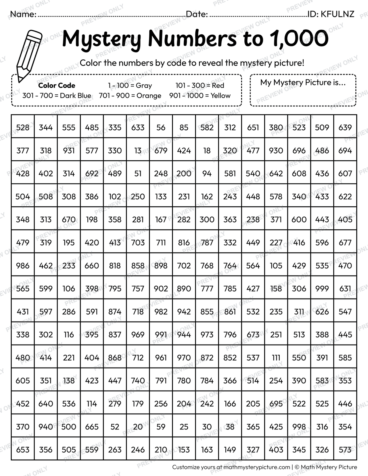 Lantern Numbers to 1,000 Math Mystery Picture Coloring Worksheet