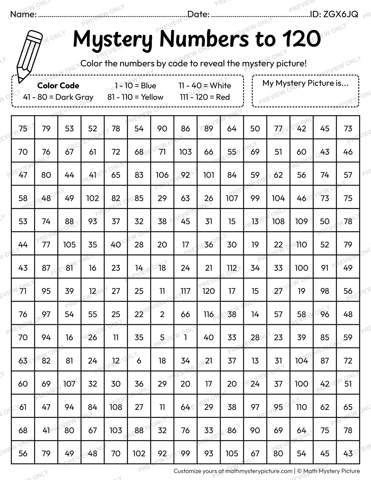 Compass Numbers to 120 Math Mystery Picture Coloring Worksheet