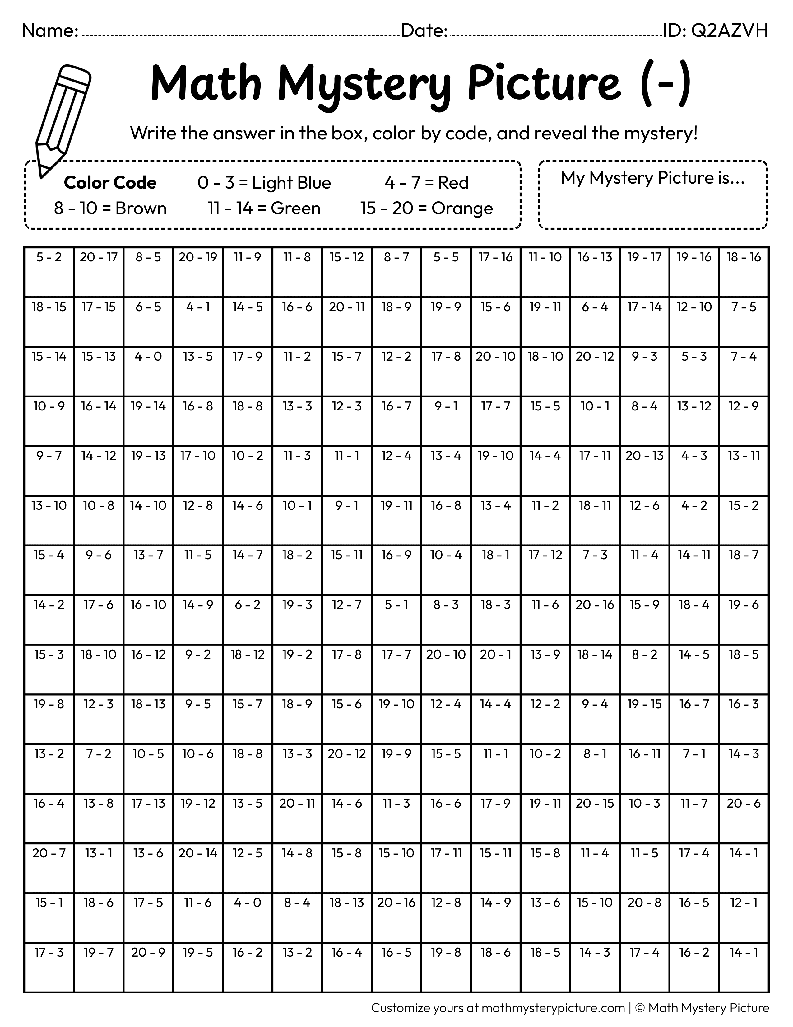 Backpack Subtraction Within 20 Math Mystery Picture Coloring Worksheet