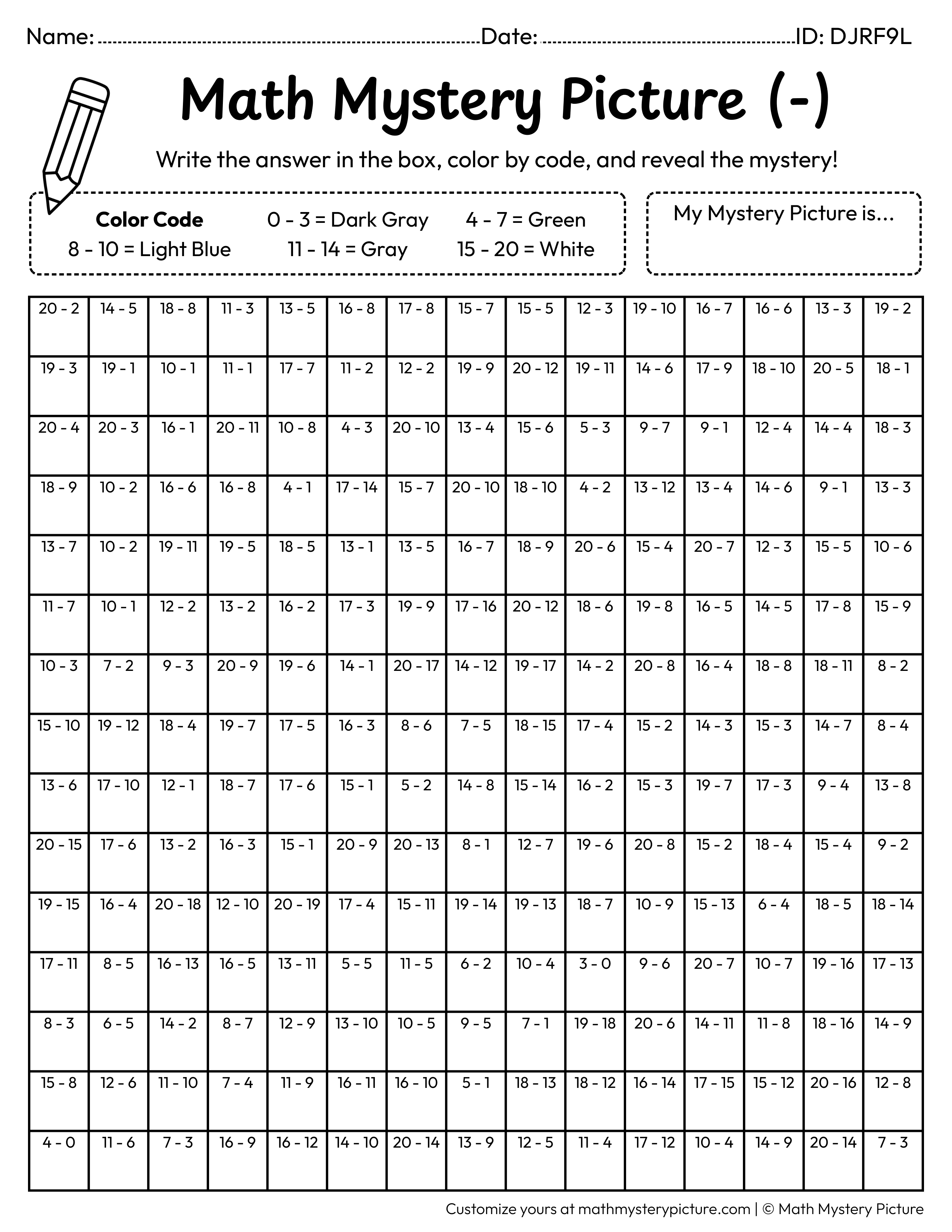 Binoculars Subtraction Within 20 Math Mystery Picture Coloring Worksheet