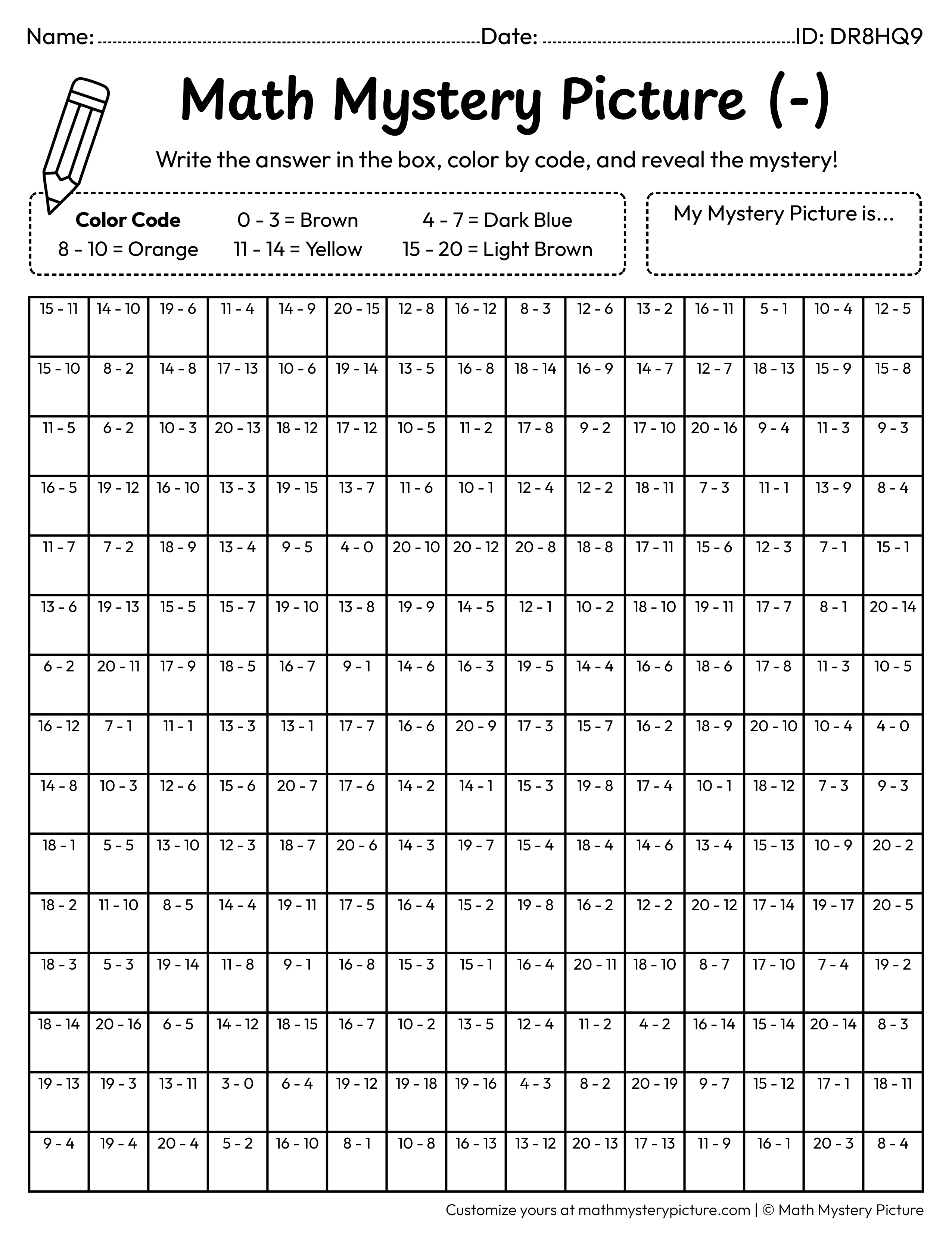 Campfire Subtraction Within 20 Math Mystery Picture Coloring Worksheet