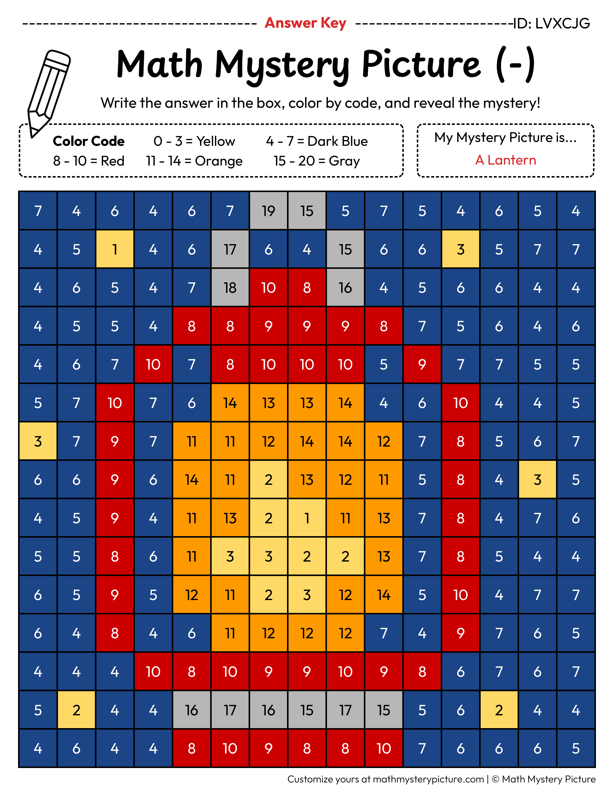 Lantern Subtraction Within 20 Math Mystery Picture Color by Number Answer Key