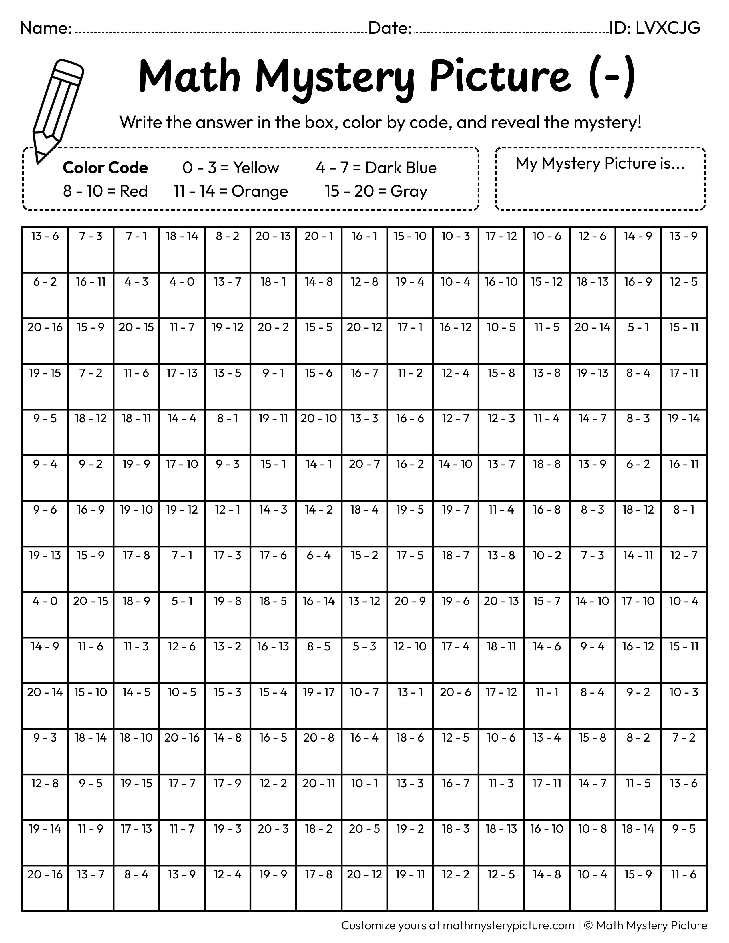 Lantern Subtraction Within 20 Math Mystery Picture Coloring Worksheet