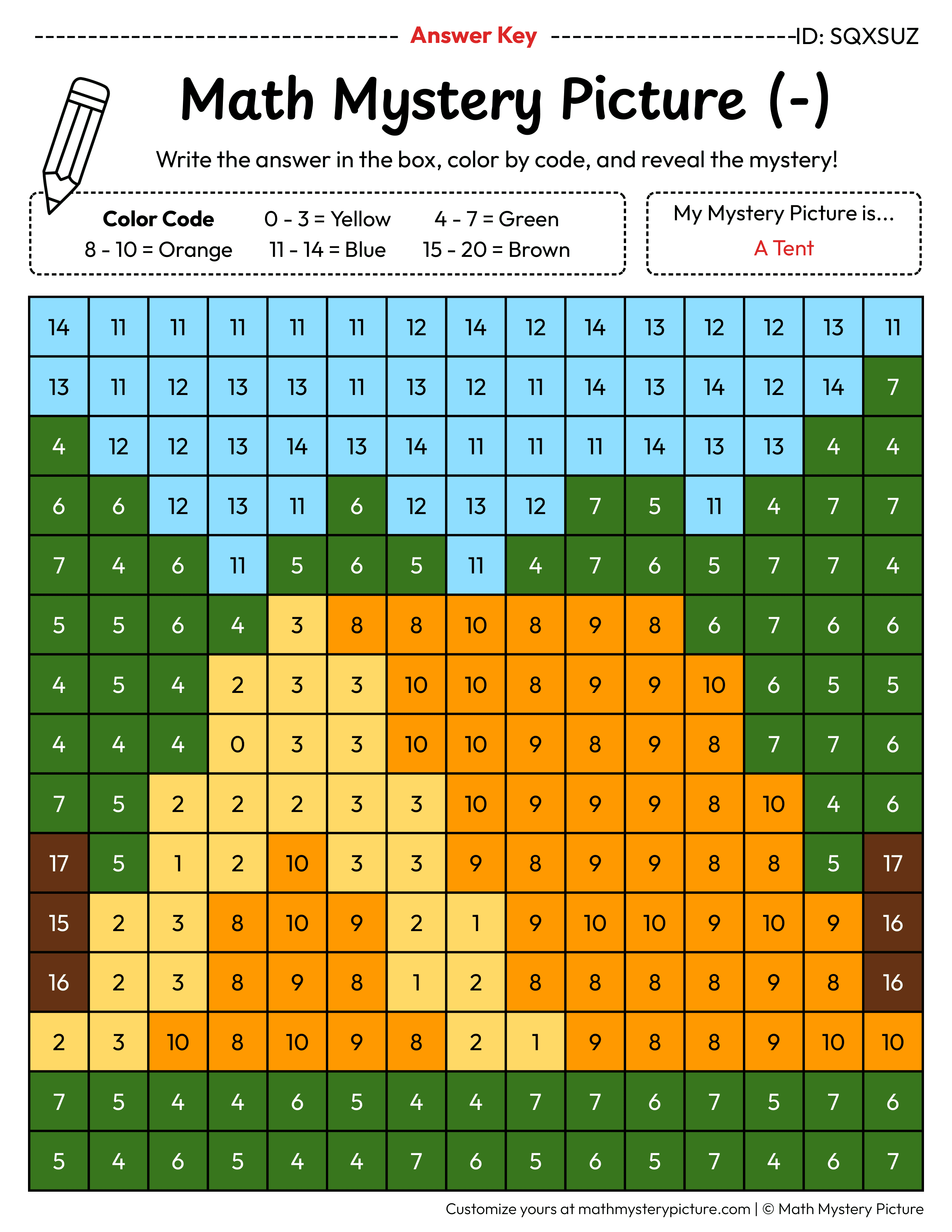 Tent Subtraction Within 20 Math Mystery Picture Color by Number Answer Key