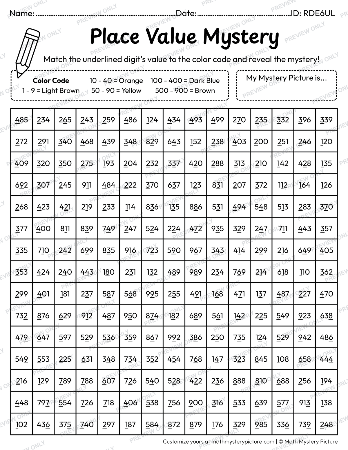 Campfire Value of Underlined Digit Math Mystery Picture Coloring Worksheet
