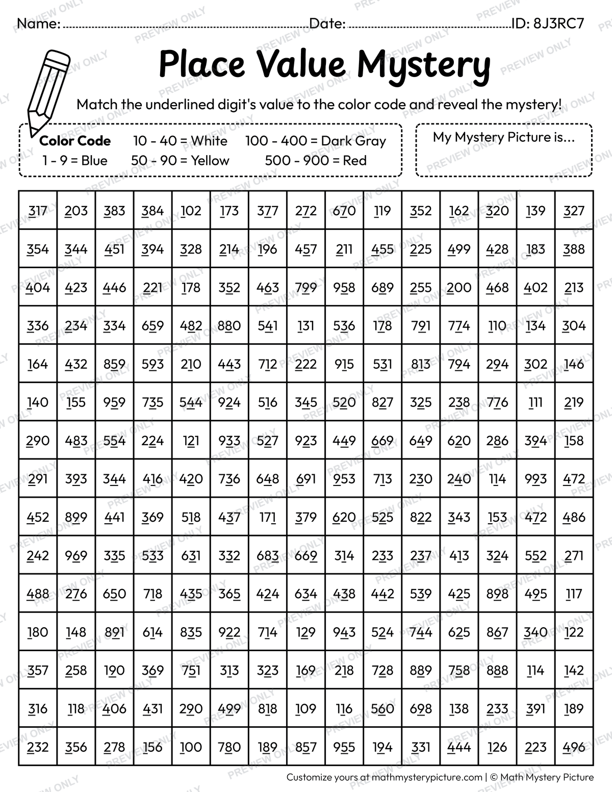 Compass Value of Underlined Digit Math Mystery Picture Coloring Worksheet