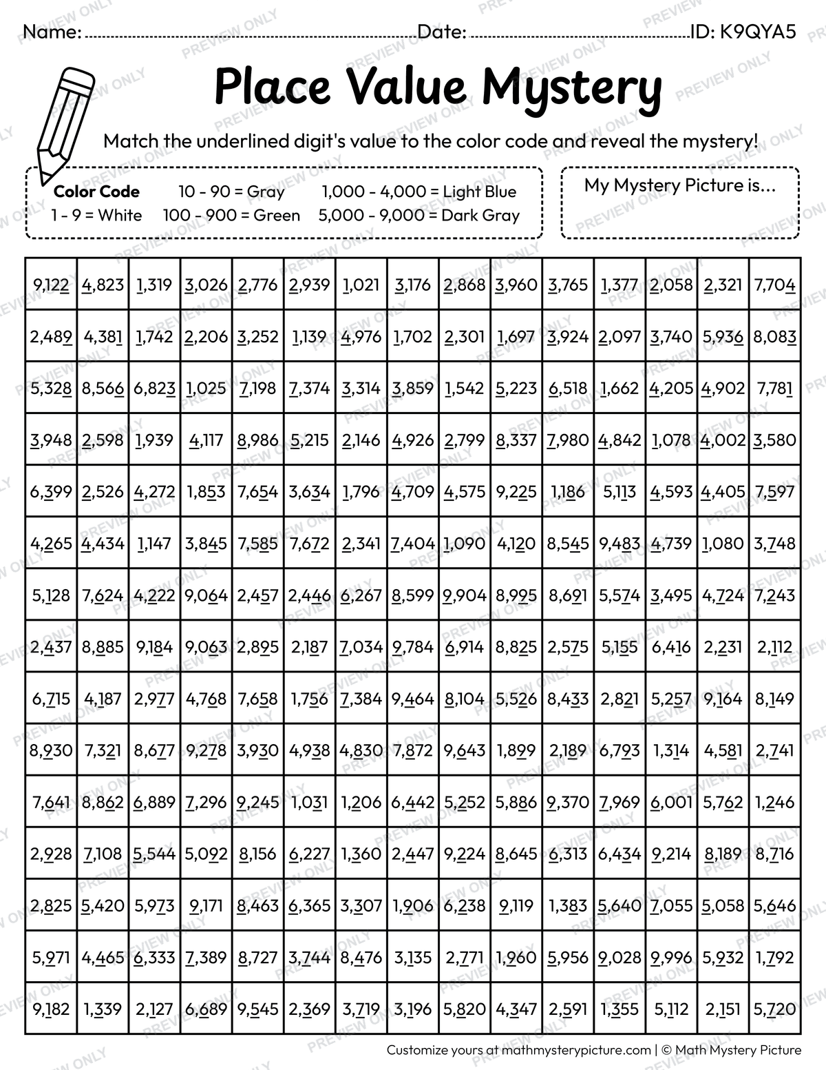 Binoculars Value of Underlined Digit Math Mystery Picture Coloring Worksheet