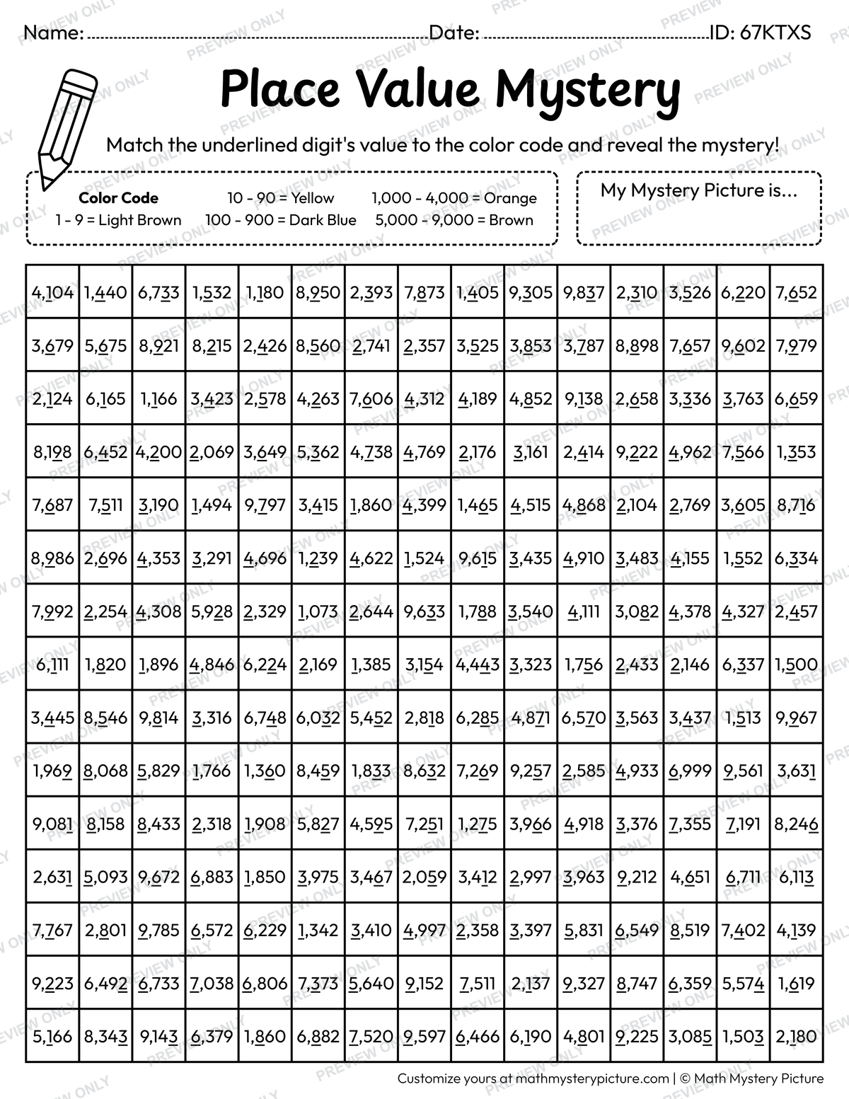 Campfire Value of Underlined Digit Math Mystery Picture Coloring Worksheet