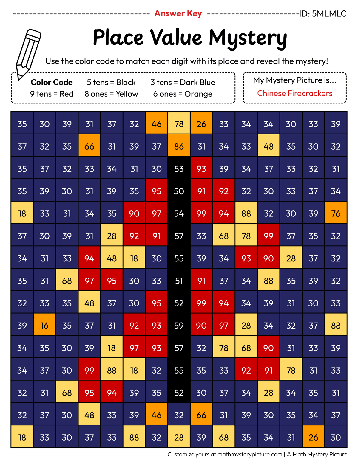 Chinese Firecrackers 2-digit Place Value Math Mystery Picture Color by Number Answer Key