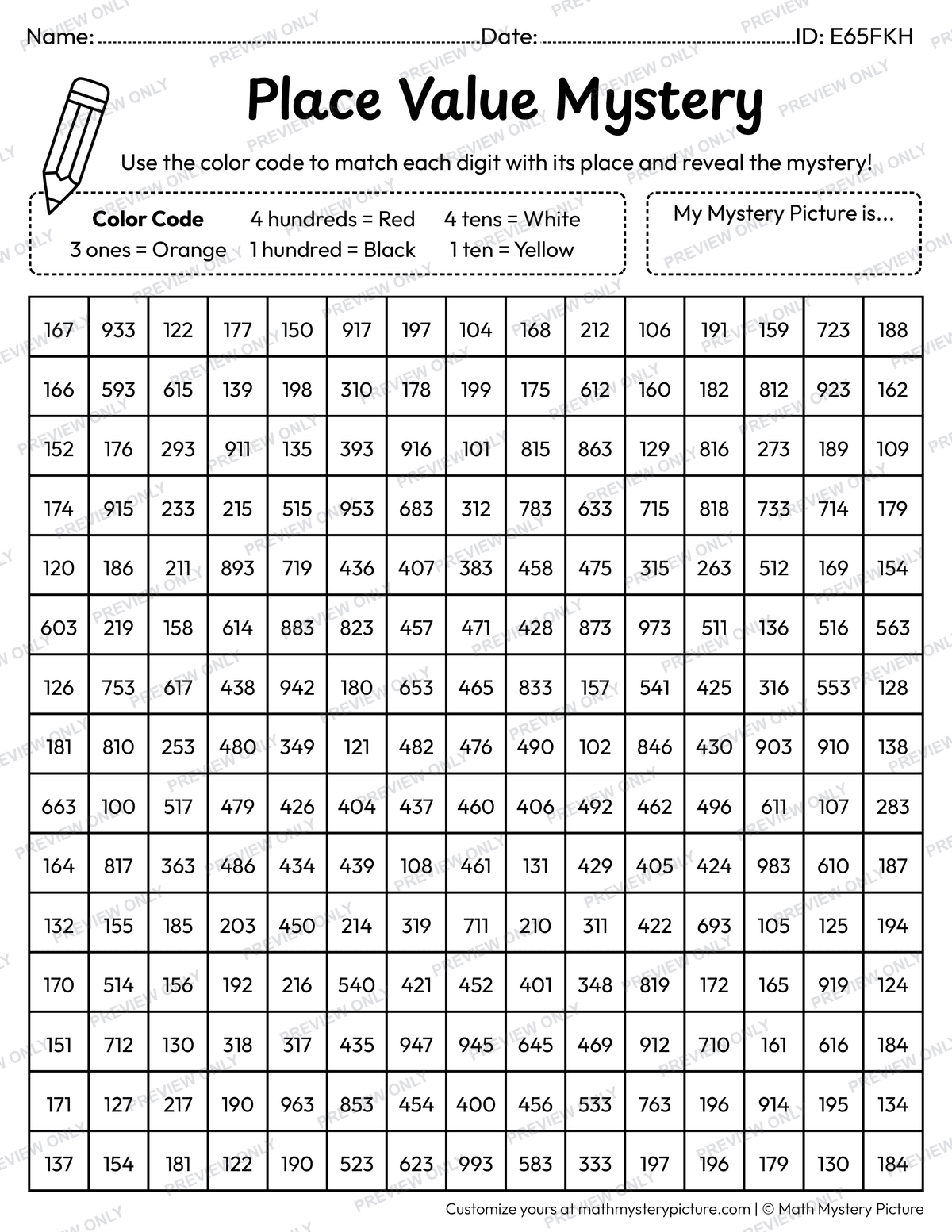 Chinese Dragon Head 3-digit Place Value Math Mystery Picture Coloring Worksheet