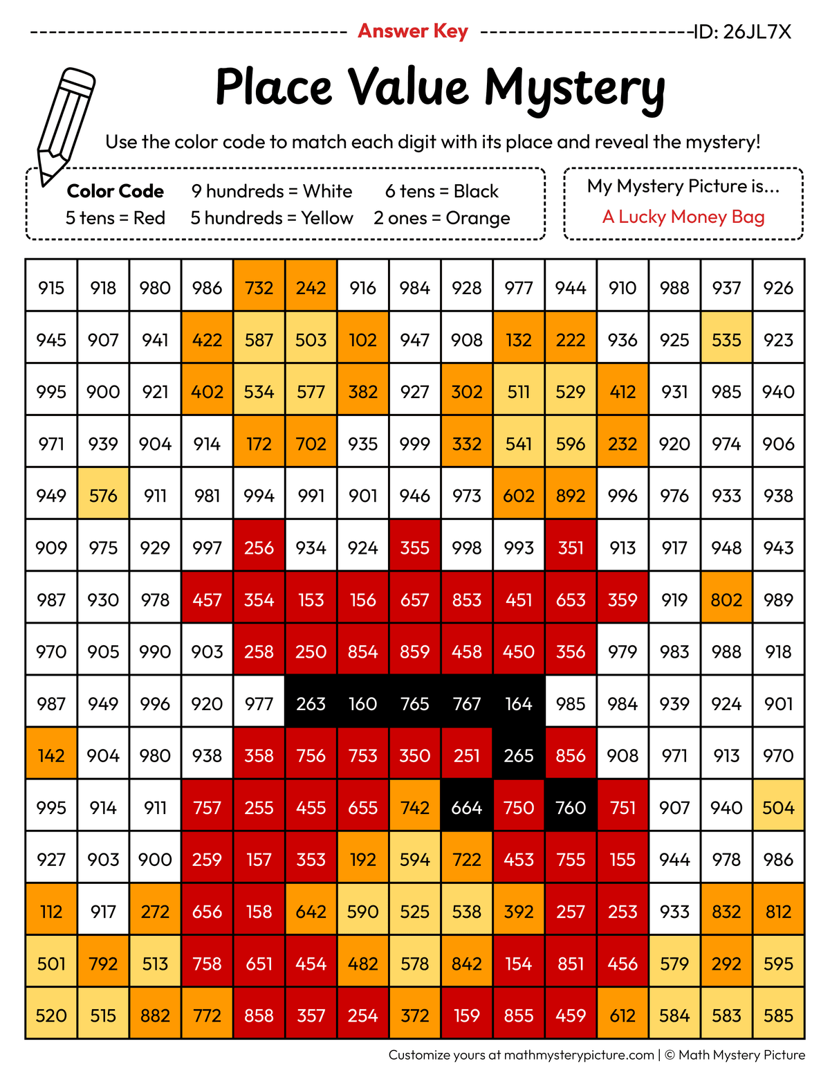 Chinese New Year Lucky Money Bag 3-digit Place Value Math Mystery Picture Color by Number Answer Key