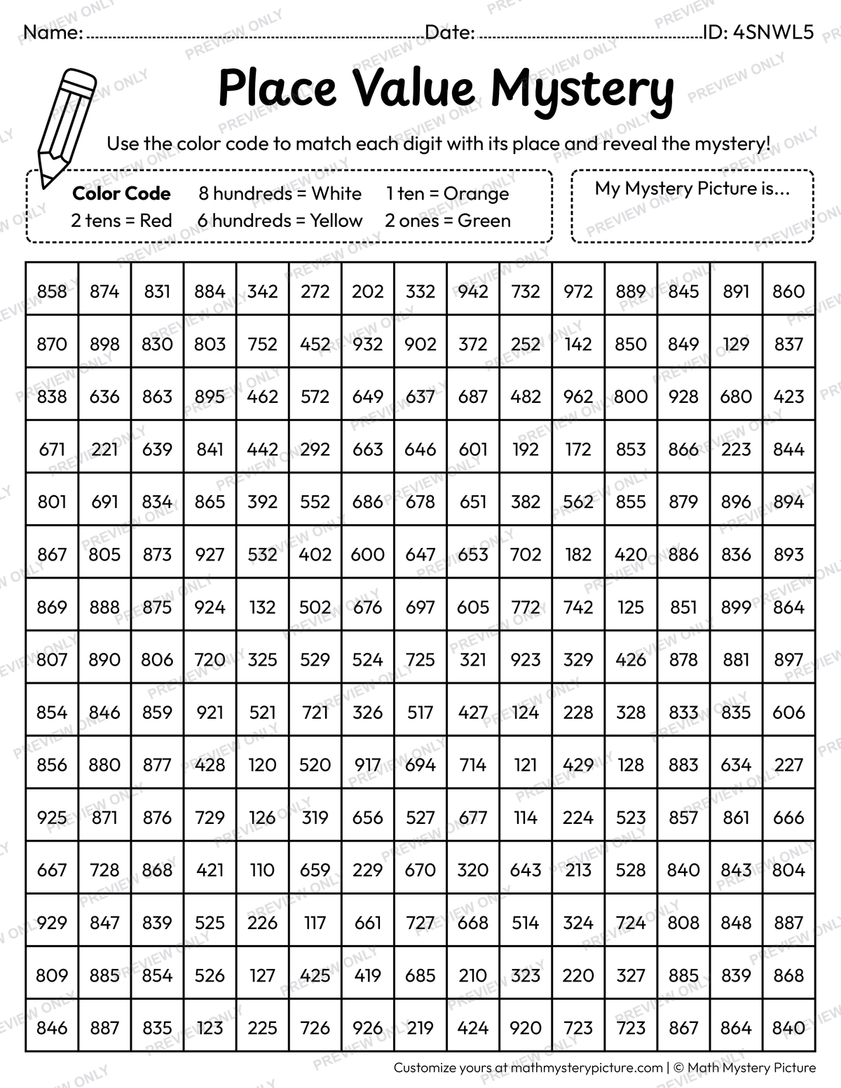 Chinese New Year Red Envelope 3-digit Place Value Math Mystery Picture Coloring Worksheet