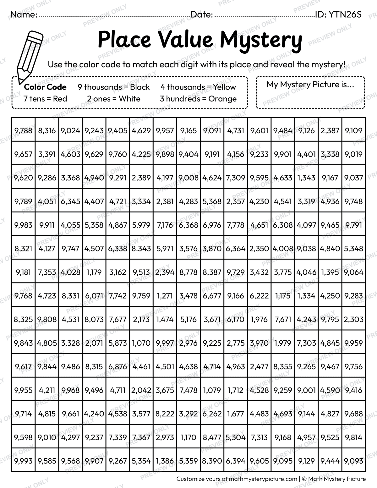 Chinese Dragon Head 4-digit Place Value Math Mystery Picture Coloring Worksheet
