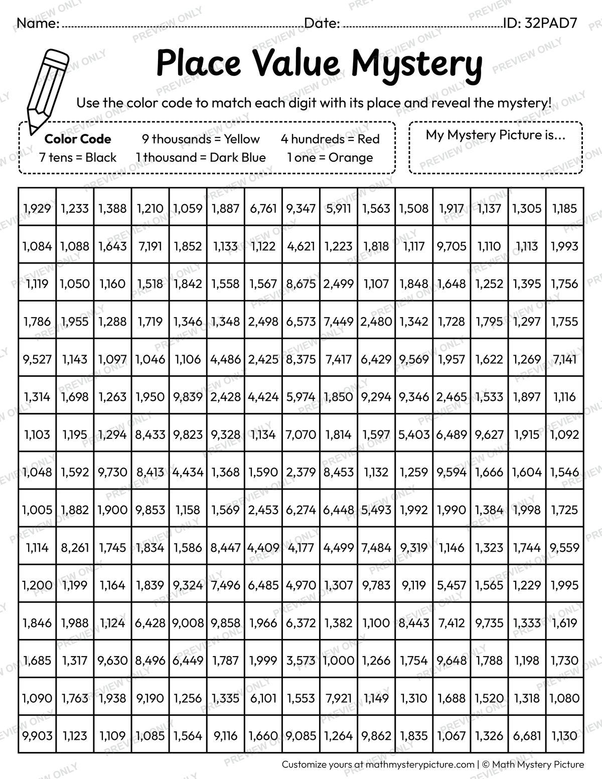 Chinese Firecrackers 4-digit Place Value Math Mystery Picture Coloring Worksheet