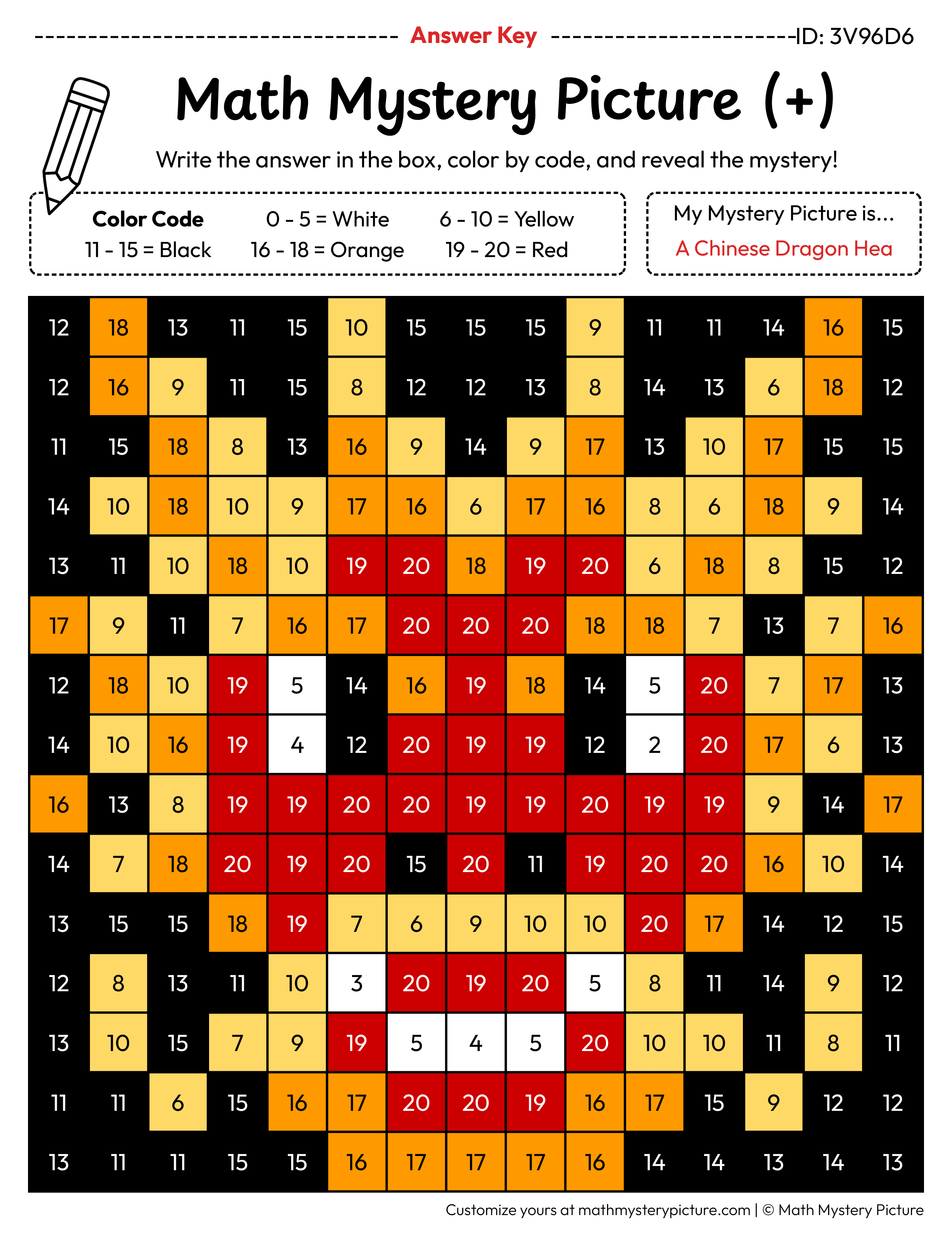 Chinese Dragon Head Addition Within 20 Math Mystery Picture Color by Number Answer Key