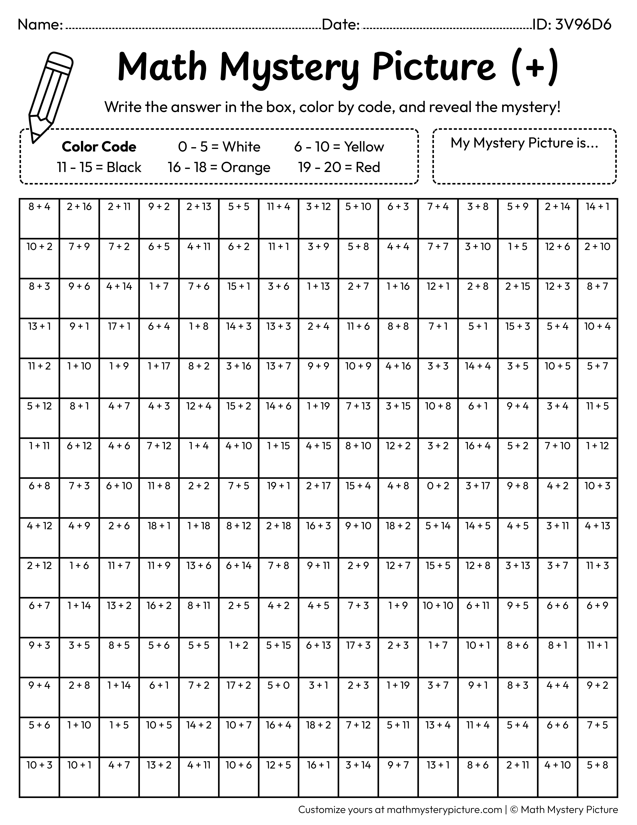 Chinese Dragon Head Addition Within 20 Math Mystery Picture Coloring Worksheet